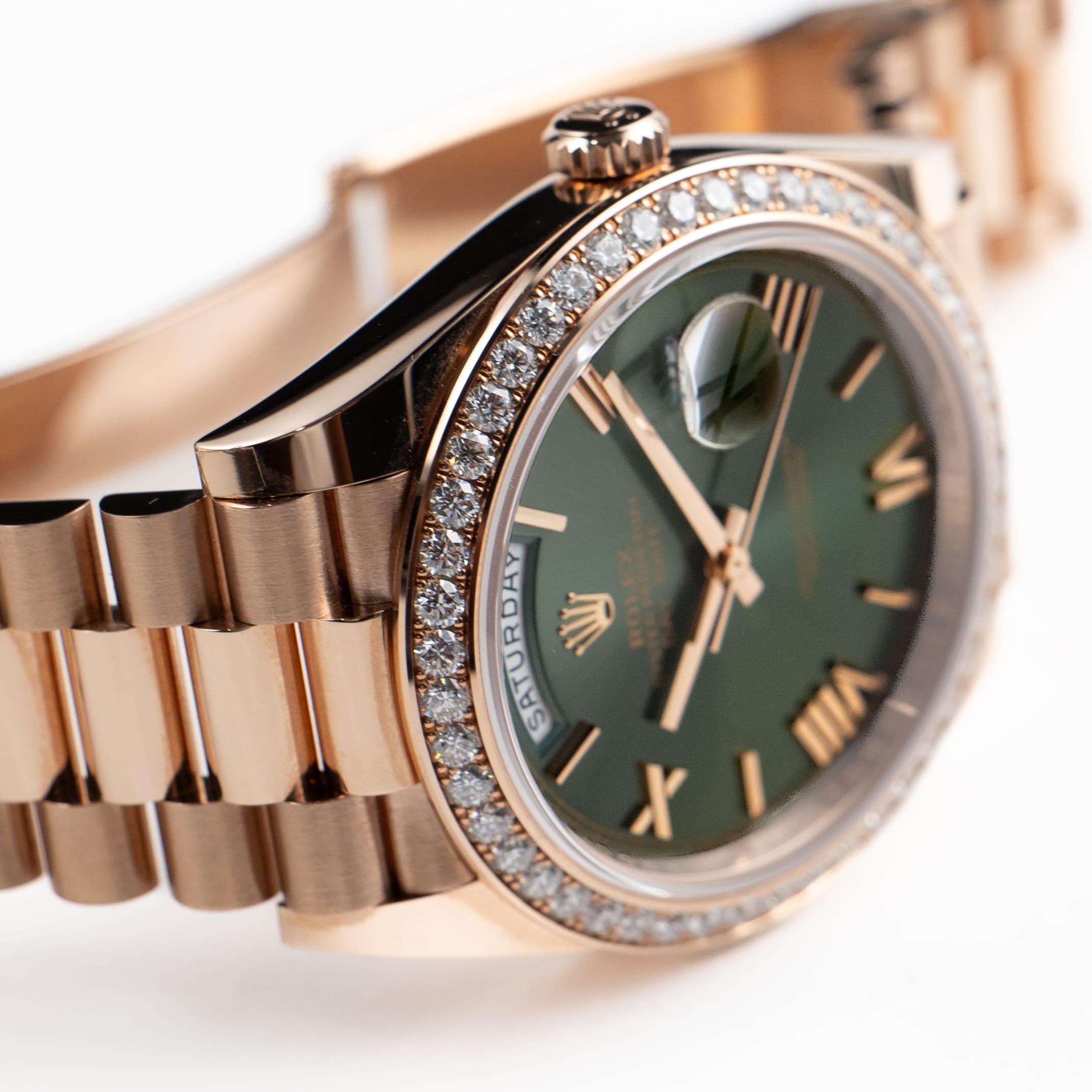 Rolex Day-Date 40 228345RBR Rose Gold Olive Green Roman Numerals Dial Diamond Bezel (2021)