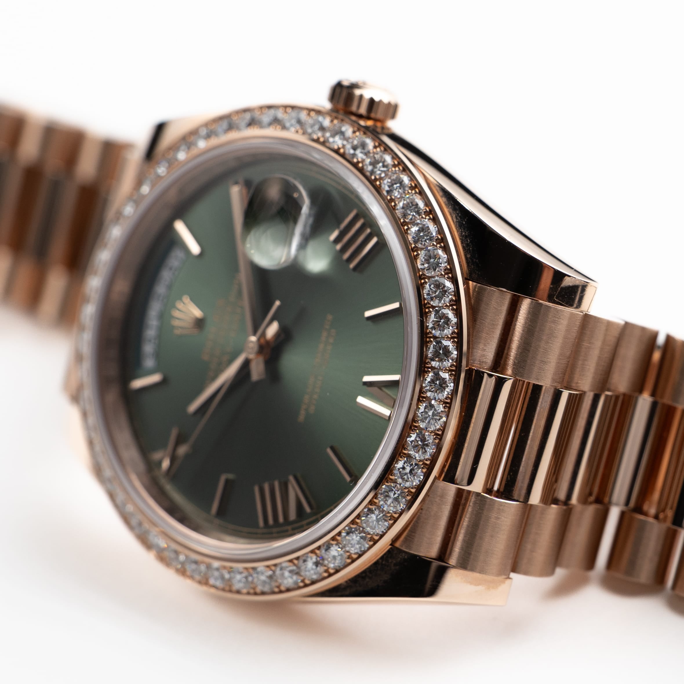 Rolex Day-Date 40 228345RBR Rose Gold Olive Green Roman Numerals Dial Diamond Bezel (2021)