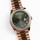 Rolex Day-Date 40 228345RBR Rose Gold Olive Green Roman Numerals Dial Diamond Bezel (2021)