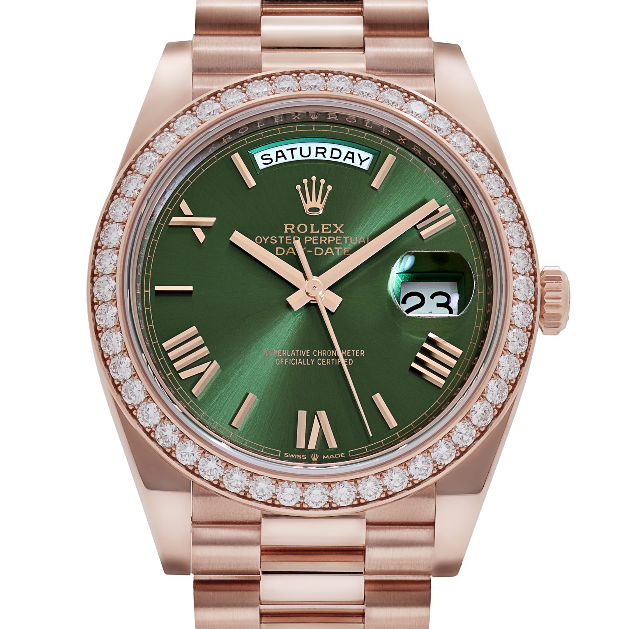 Rolex Day-Date 40 228345RBR Rose Gold Olive Green Roman Numerals Dial Diamond Bezel (2021)