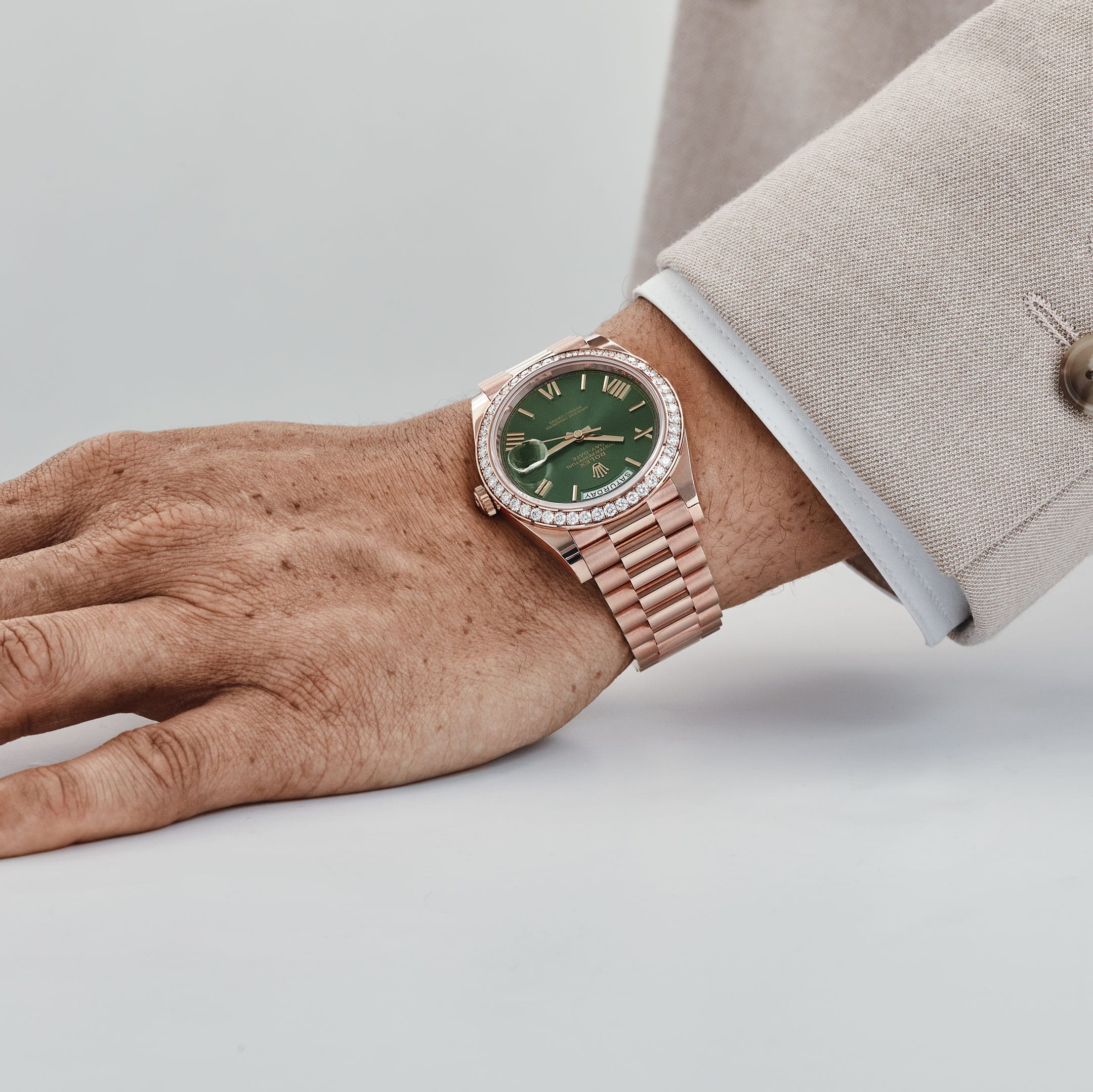Rolex Day-Date 40 228345RBR Rose Gold Olive Green Roman Numerals Dial Diamond Bezel (2021)