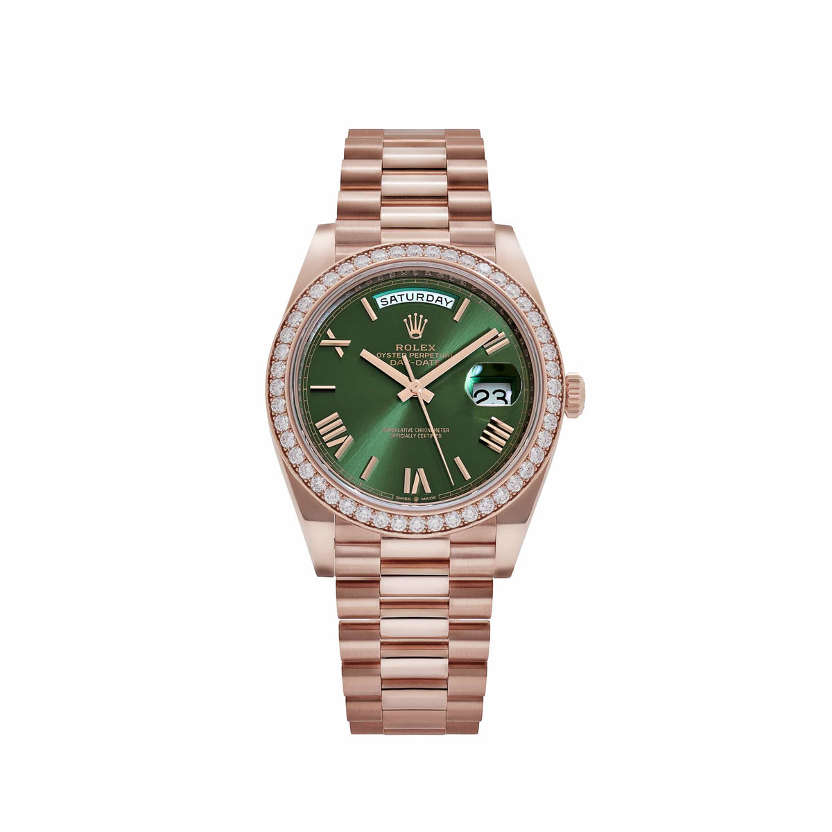 Rolex Day-Date 40 228345RBR Rose Gold Olive Green Roman Numerals Dial Diamond Bezel (2021)