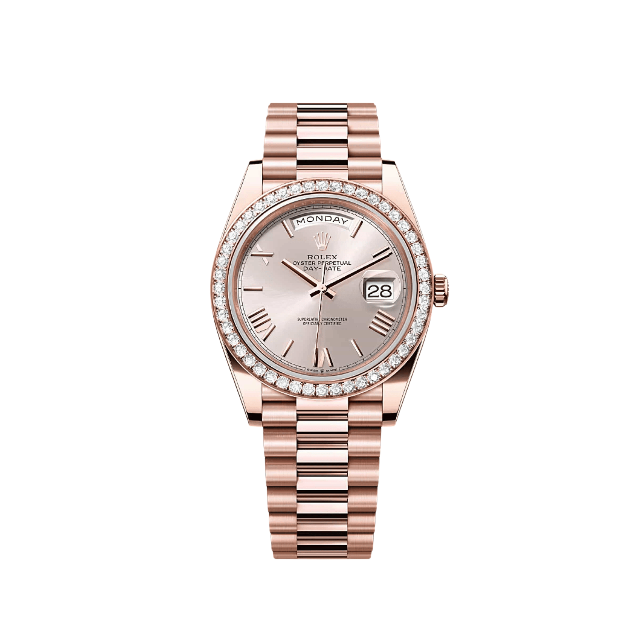 Rolex Day-Date 40 228345RBR Rose Gold Sundust Roman Numerals Dial Diamond Bezel