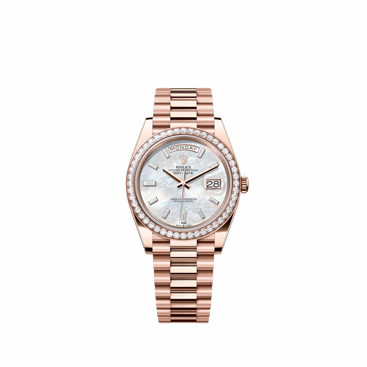 Rolex Day-Date 40 228345RBR Rose Gold White Mother of Pearl Diamond Dial President Diamond Bezel (2026)