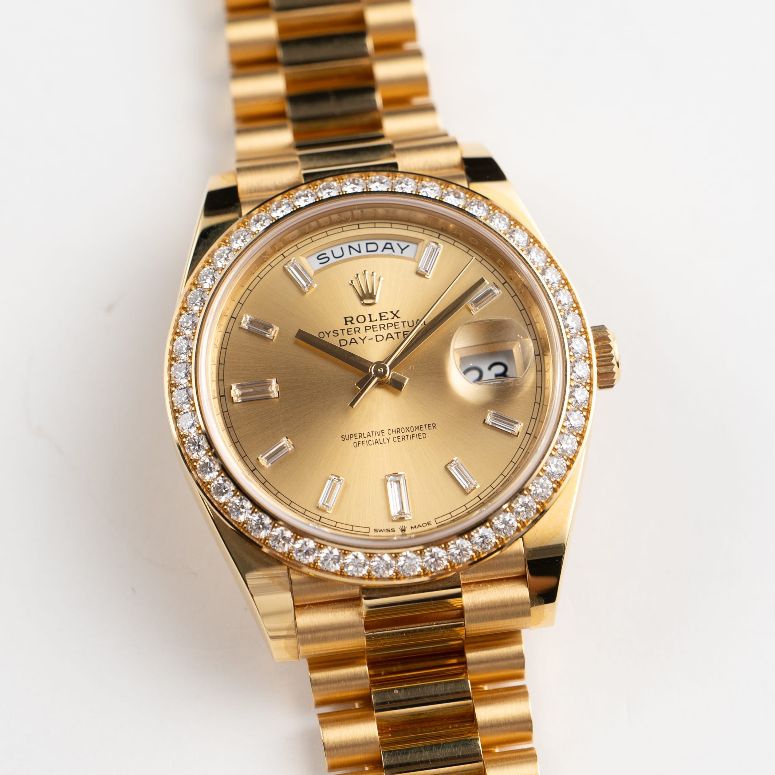 Rolex Day-Date 40 228348RBR Yellow Gold Champagne Diamond Baguette Dial Diamond Bezel (2021)