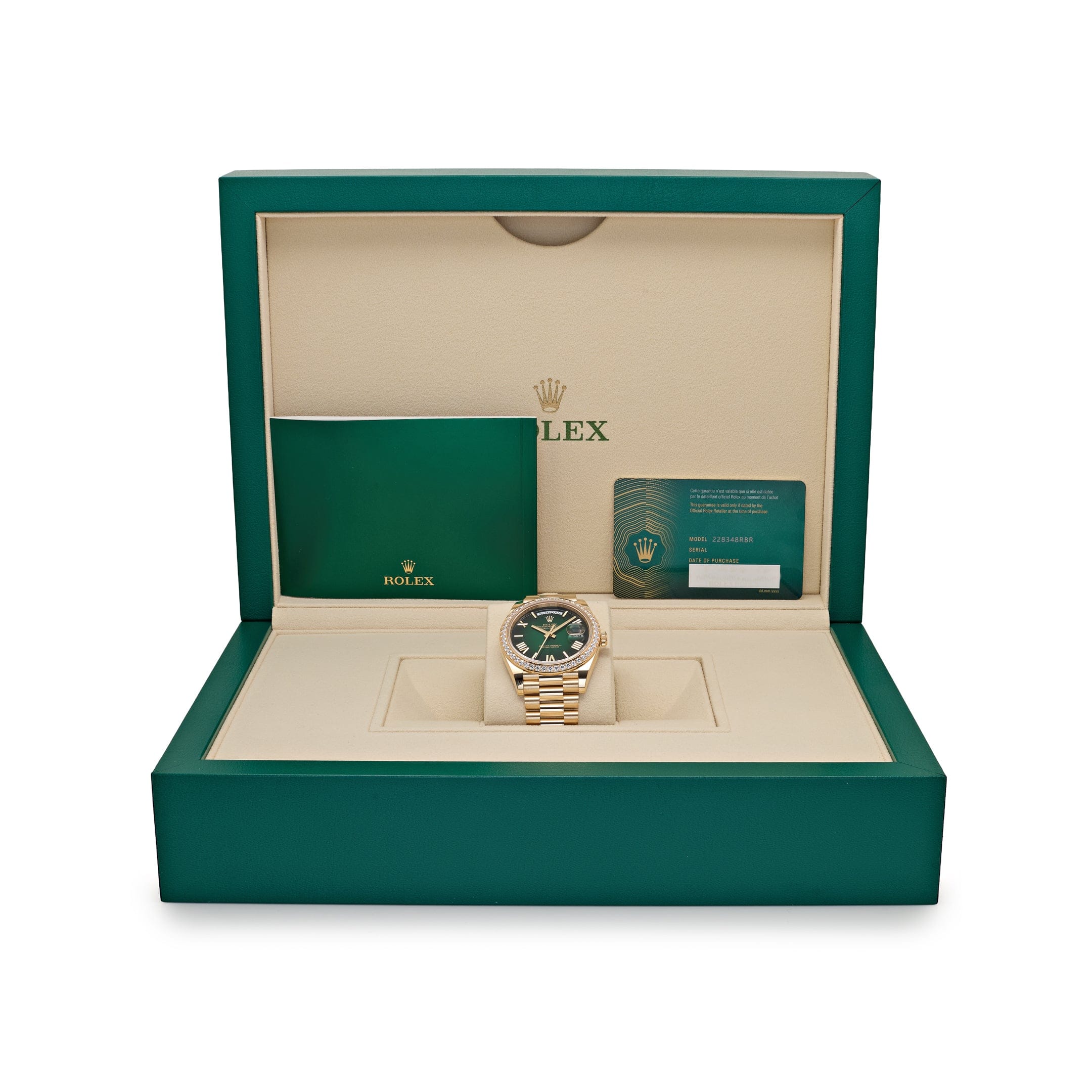 Rolex Day-Date 40 228348RBR Yellow Gold Green Ombre Roman Numeral Dial Diamond Bezel (2024)