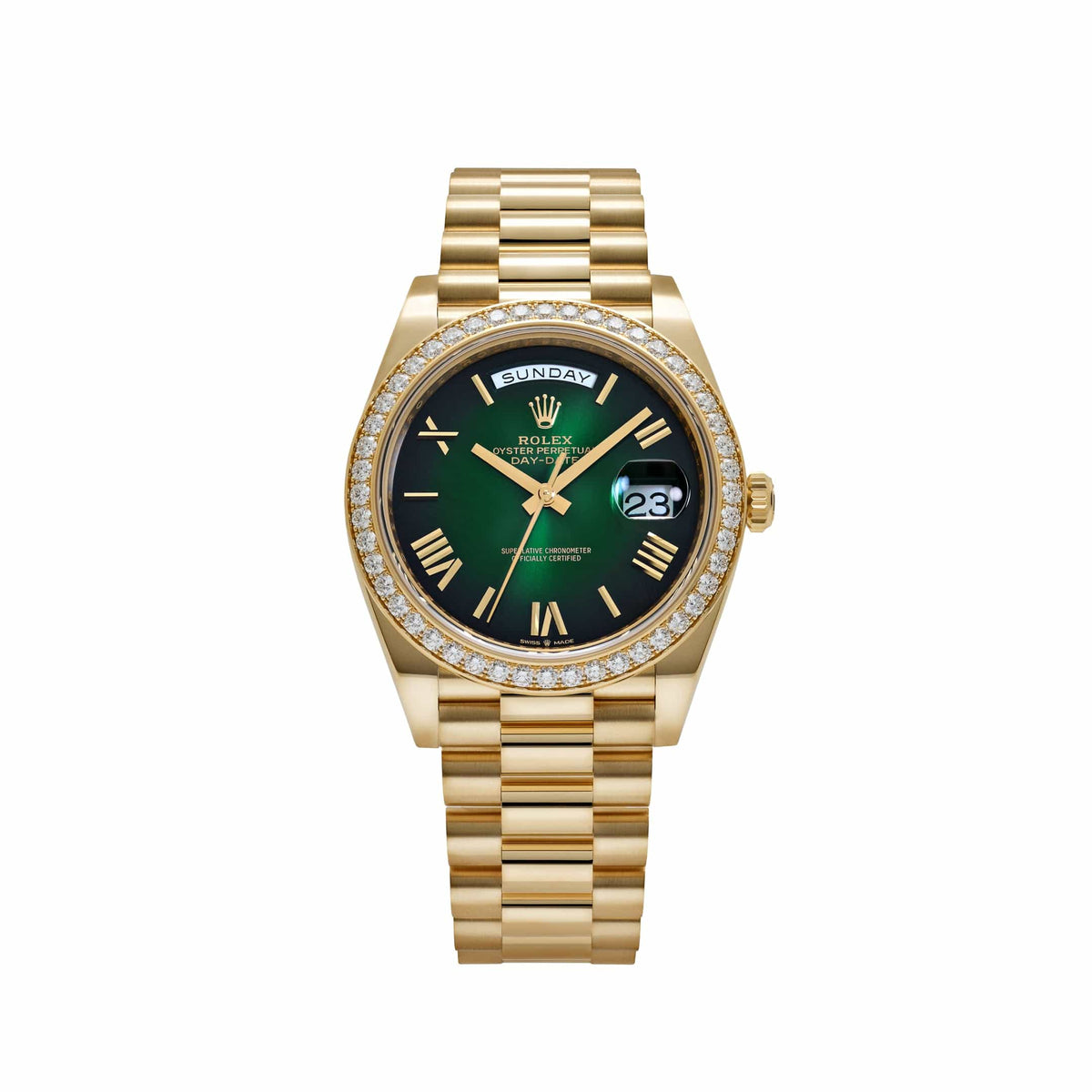 Rolex Day-Date 40 228348RBR Yellow Gold Green Ombre Roman Numeral Dial Diamond Bezel (2024)