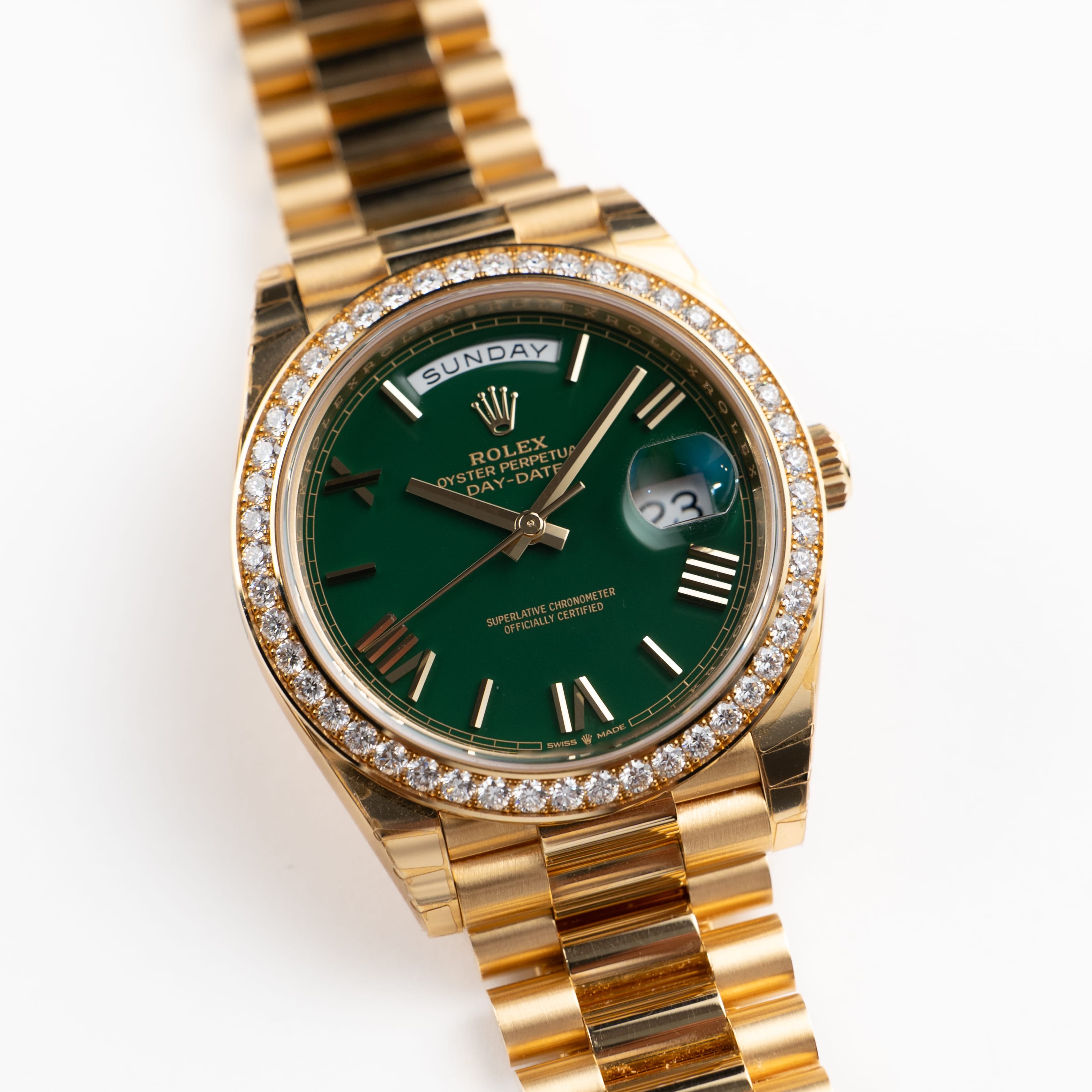 Rolex Day-Date 40 228348RBR Yellow Gold Green Roman Numeral Dial Diamond Bezel (2022)