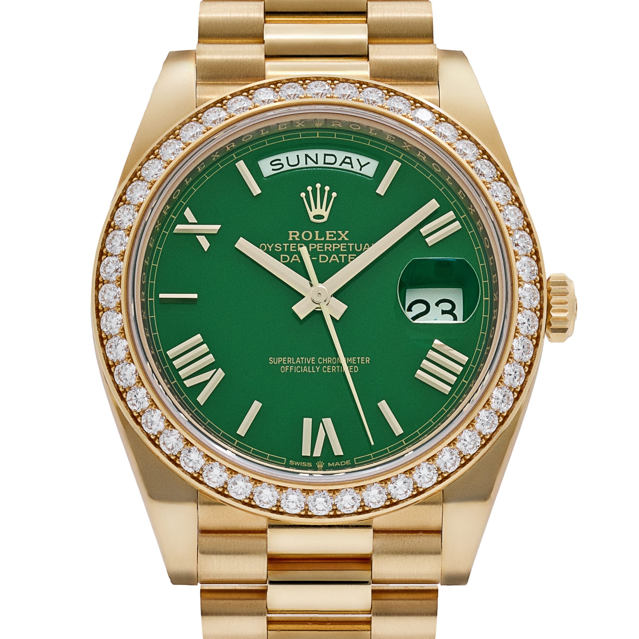 Rolex Day-Date 40 228348RBR Yellow Gold Green Roman Numeral Dial Diamond Bezel (2022)