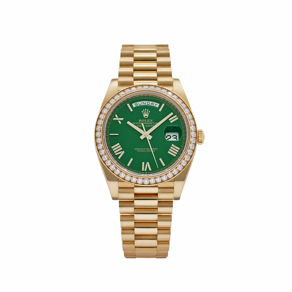 Rolex Day-Date 40 228348RBR Yellow Gold Green Roman Numeral Dial Diamond Bezel (2022)
