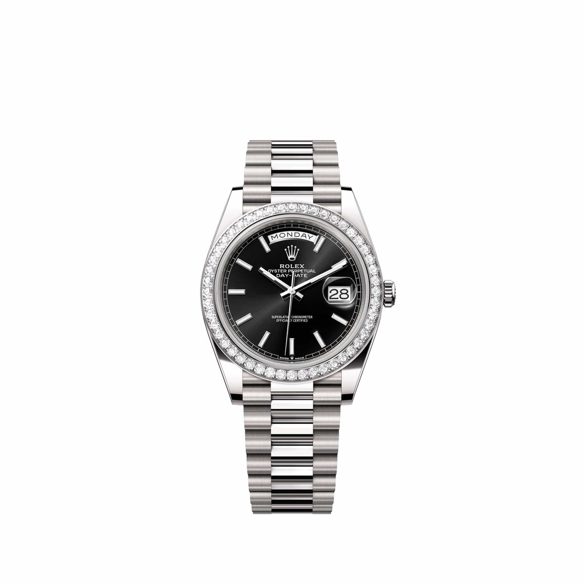 Rolex Day-Date 40 228349RBR White Gold Black Dial President Diamond Bezel (2026)