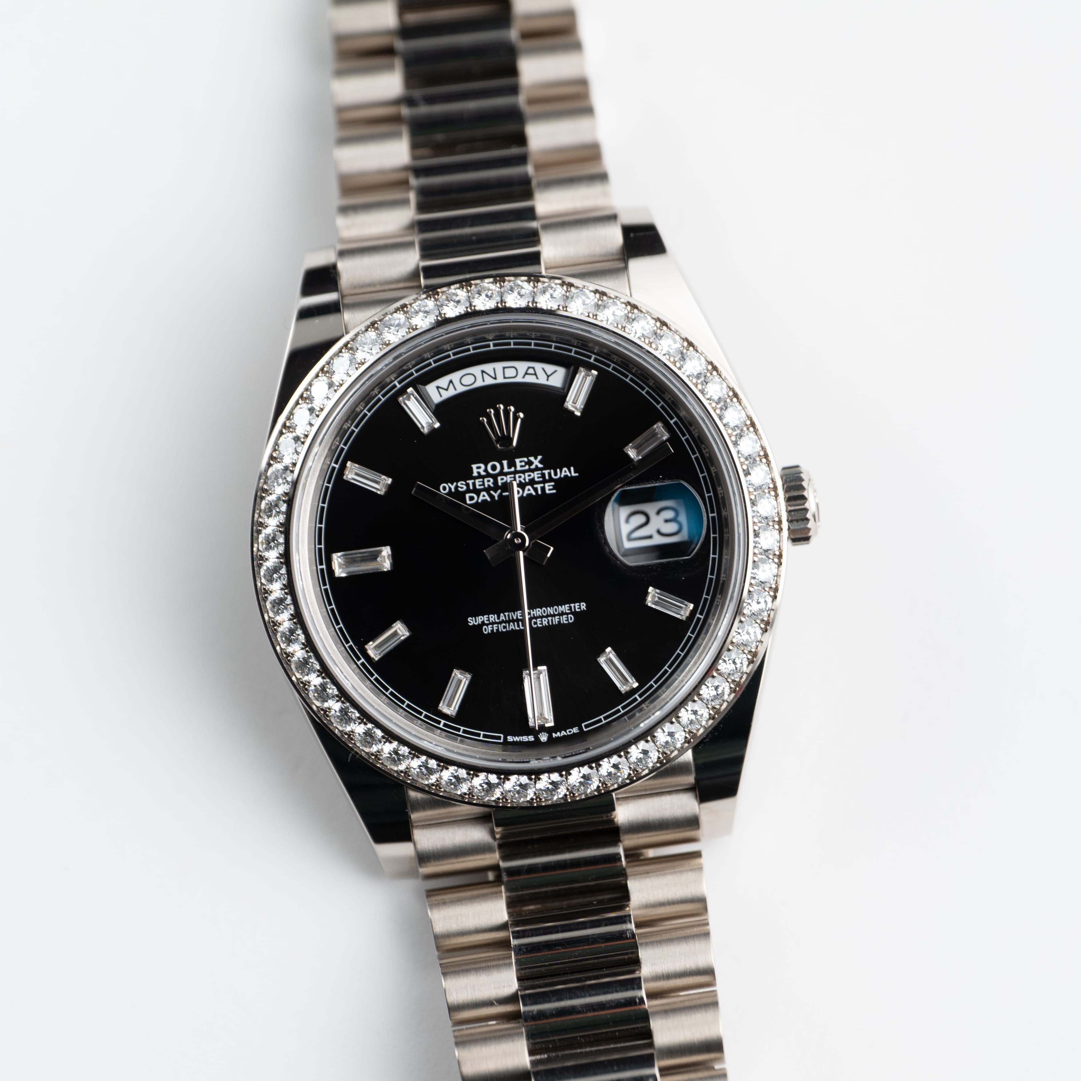 Rolex Day-Date 40 228349RBR White Gold Black Diamond Baguette Dial Diamond Bezel (2022)