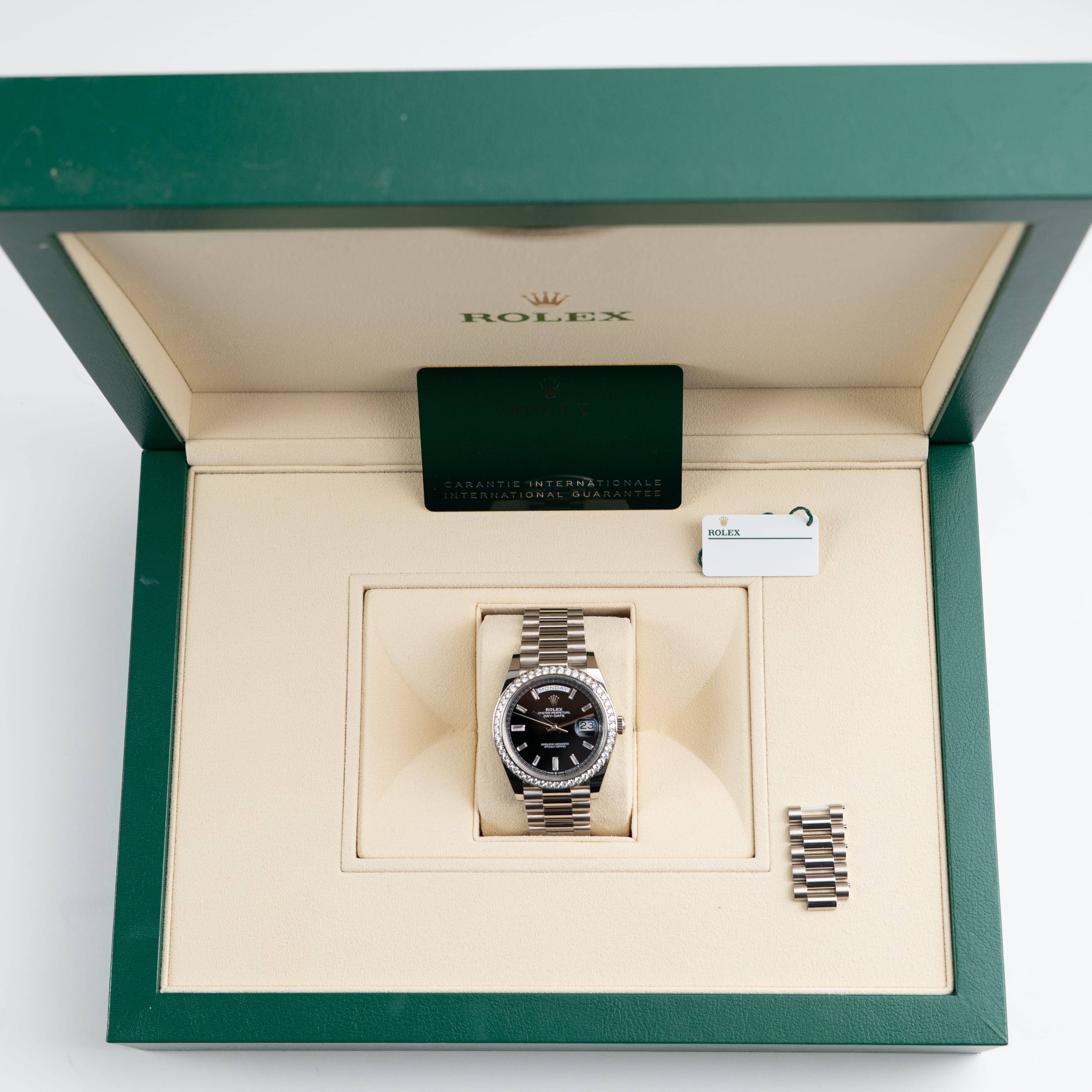 Rolex Day-Date 40 228349RBR White Gold Black Diamond Baguette Dial Diamond Bezel (2022)