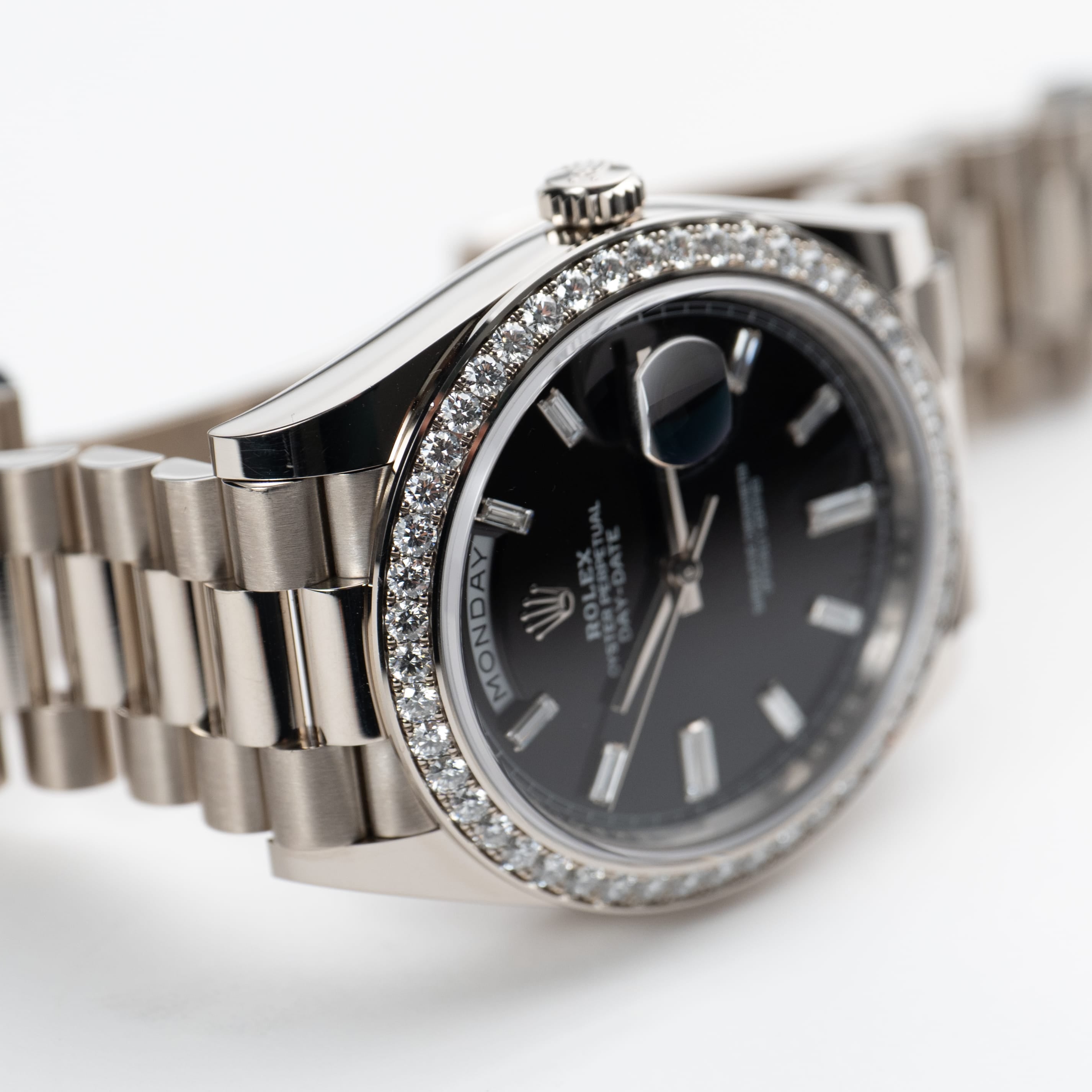 Rolex Day-Date 40 228349RBR White Gold Black Diamond Baguette Dial Diamond Bezel (2022)
