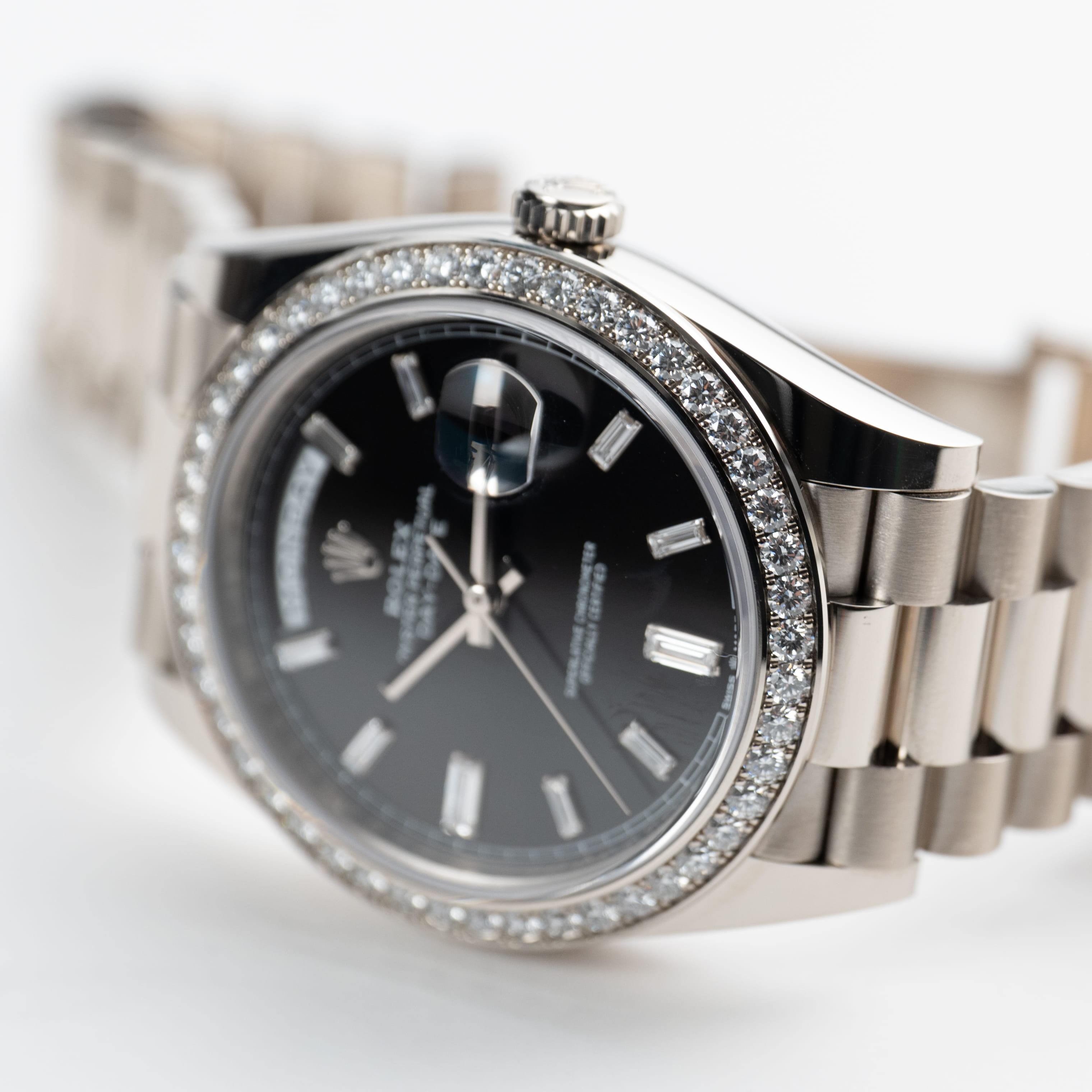 Rolex Day-Date 40 228349RBR White Gold Black Diamond Baguette Dial Diamond Bezel (2022)