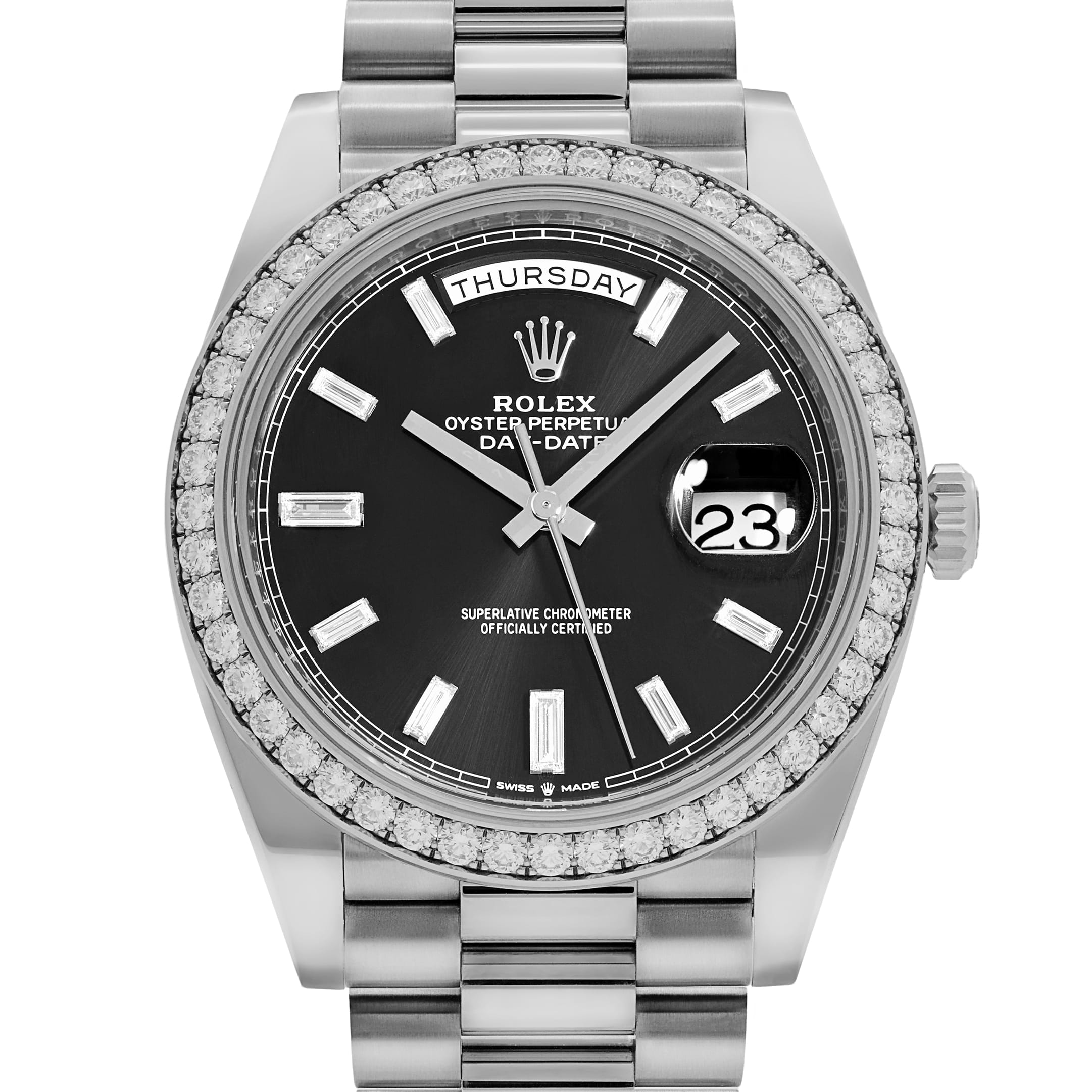 Rolex Day-Date 40 228349RBR White Gold Black Diamond Baguette Dial Diamond Bezel (2022)