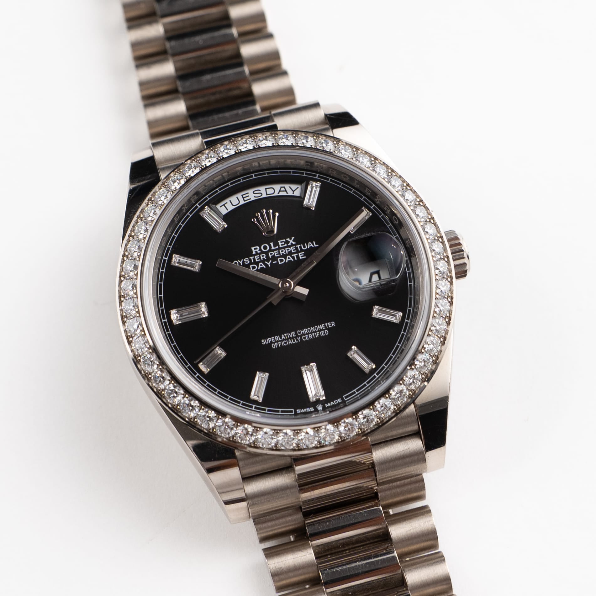 Rolex Day-Date 40 228349RBR White Gold Black Diamond Baguette Dial