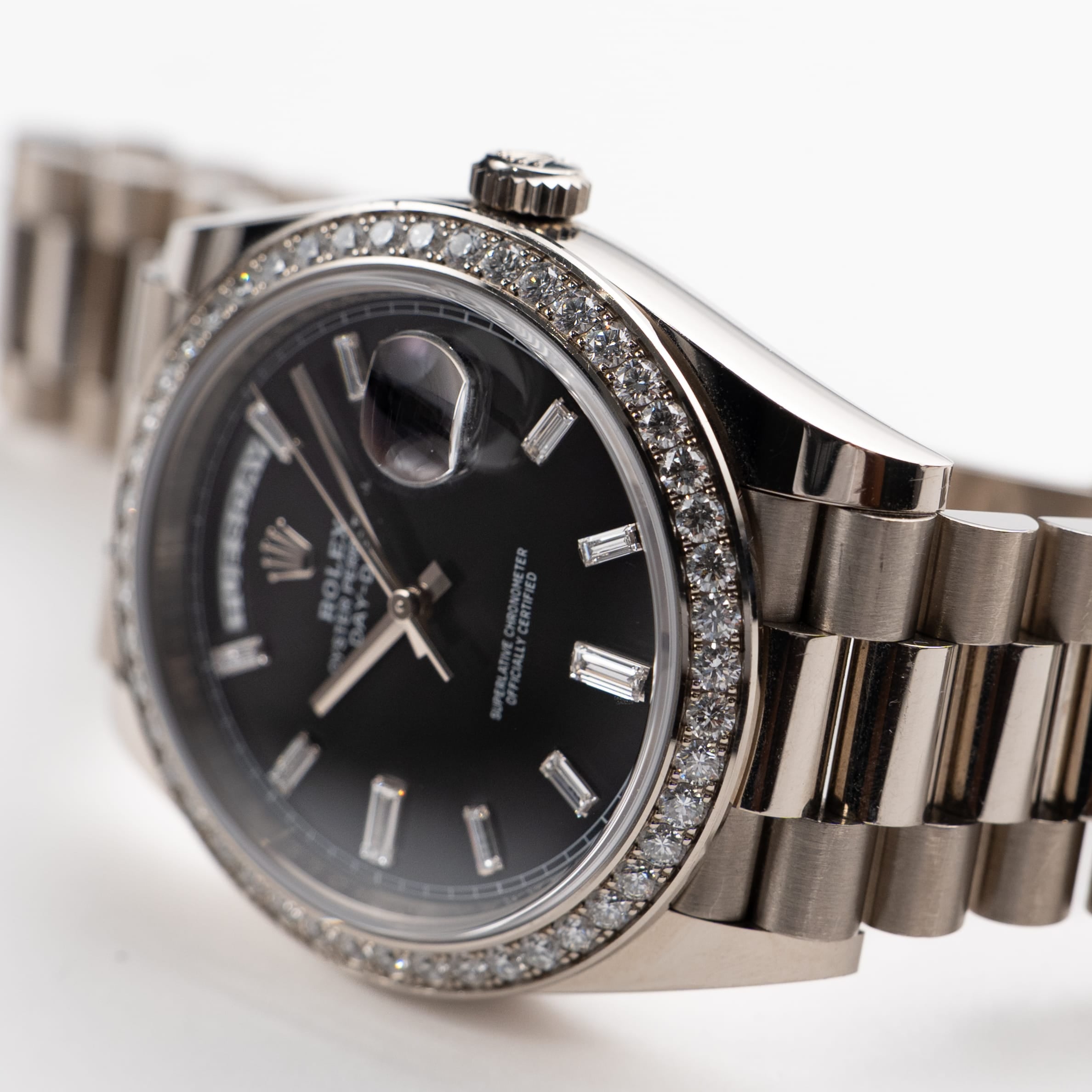 Rolex Day-Date 40 228349RBR White Gold Black Diamond Baguette Dial Diamond Bezel