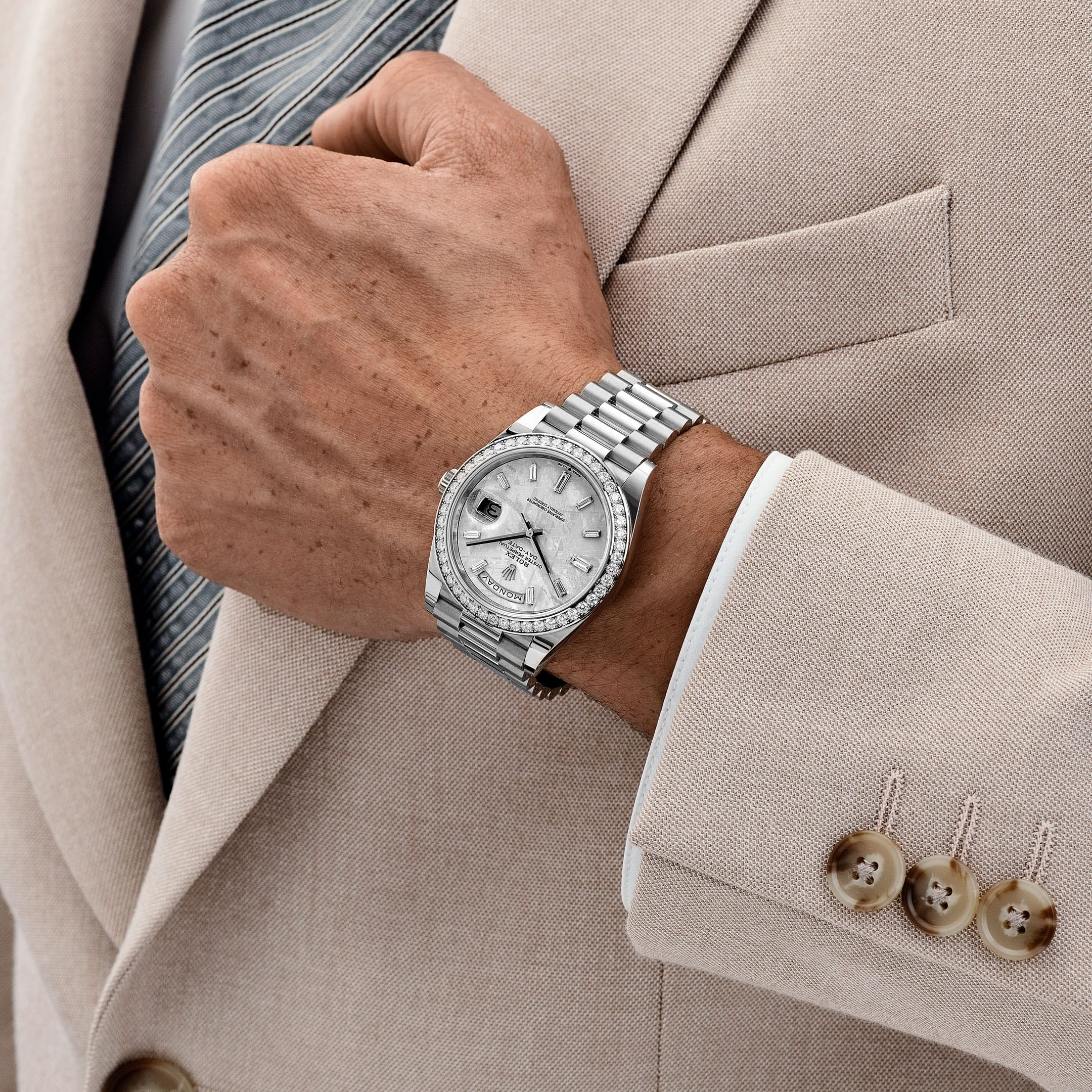 Rolex Day-Date 40 228349RBR White Gold Meteorite Dial Diamond Set (2022)