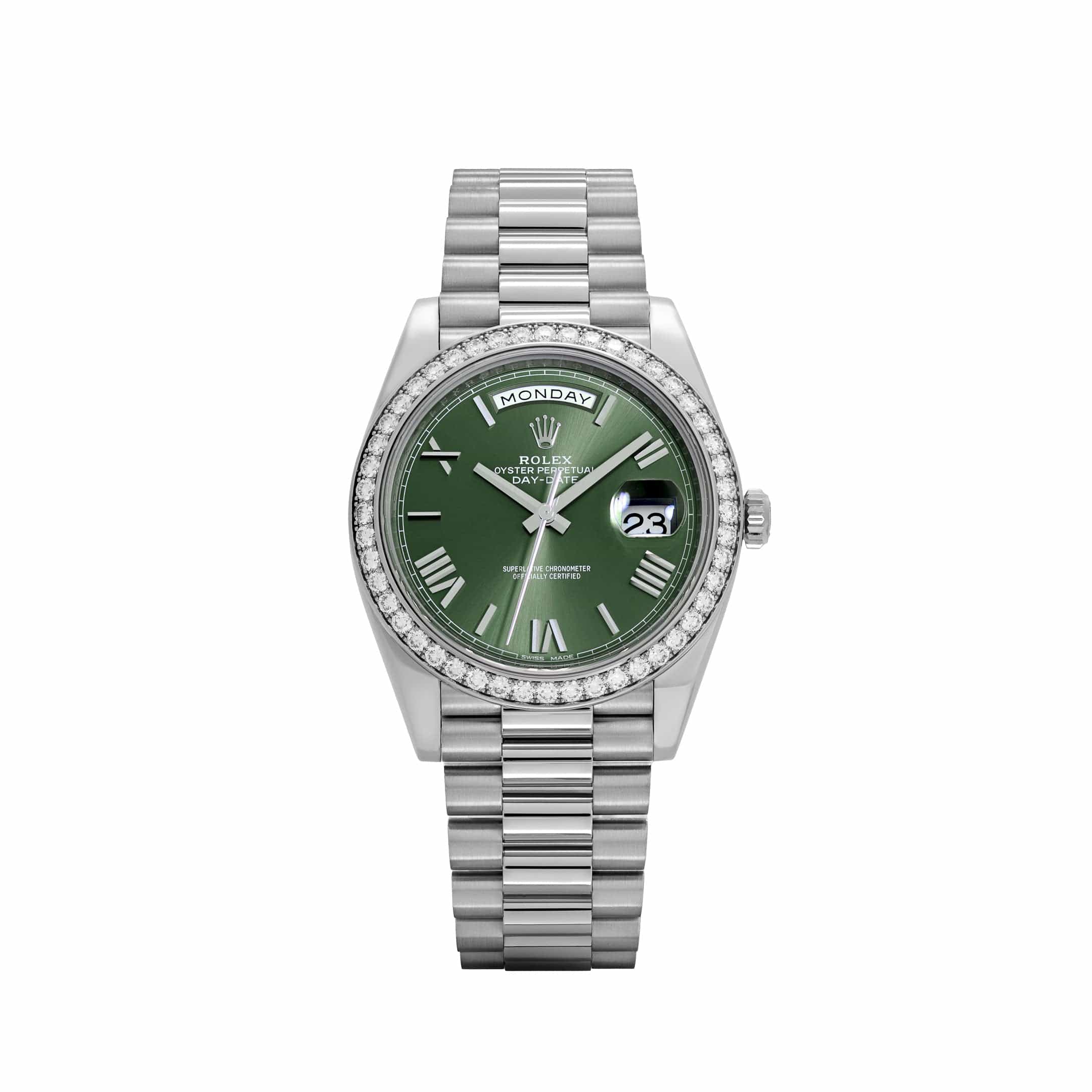 Rolex Day-Date 40 228349RBR White Gold Olive Green Dial Diamond