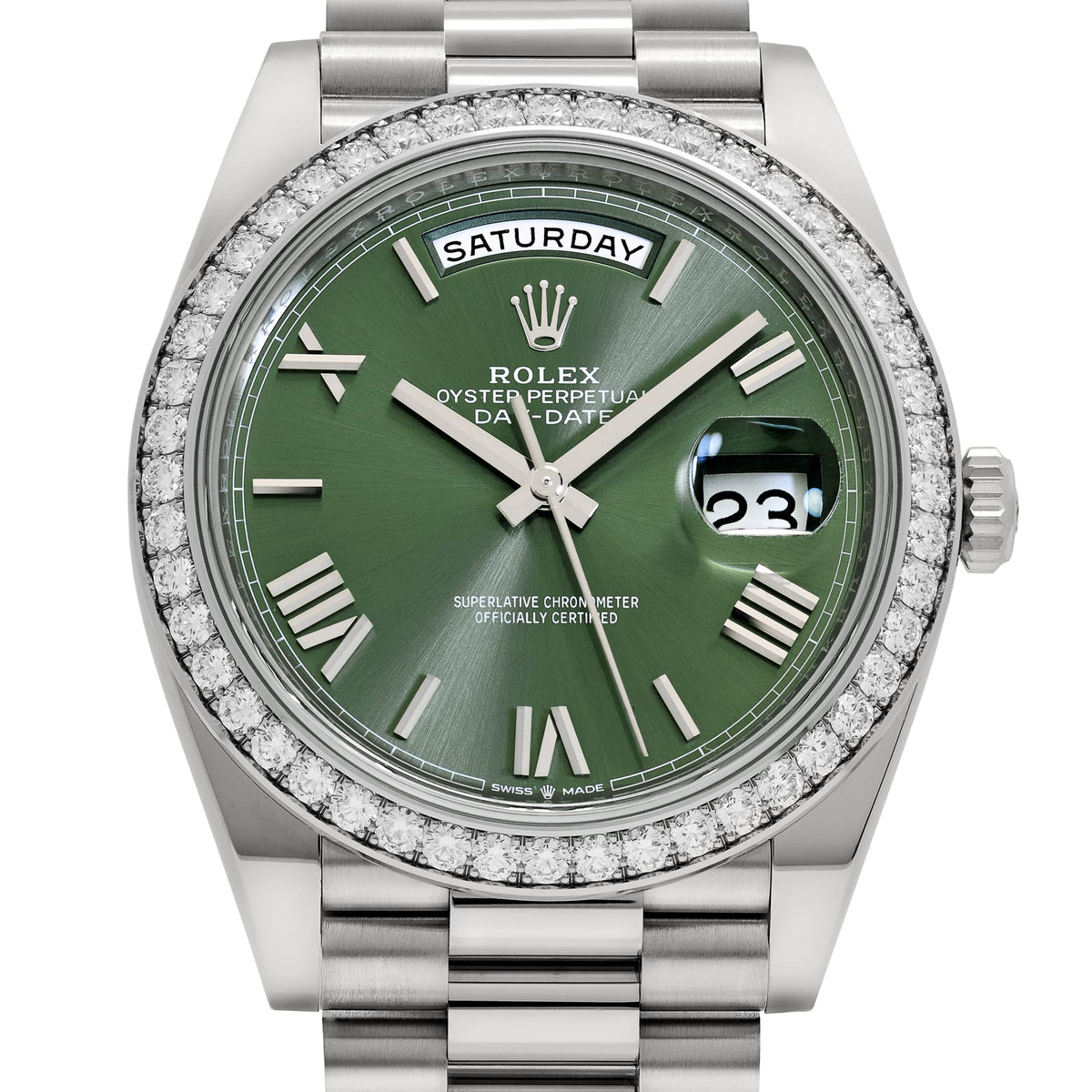 Rolex Day-Date 40 228349RBR White Gold Olive Green Dial Diamond Bezel (2021)