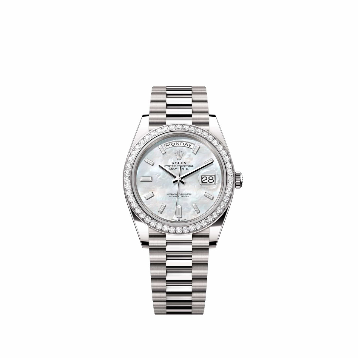 Rolex Day-Date 40 228349RBR White Gold White Mother of Pearl Diamond Dial President Diamond Bezel (2026)