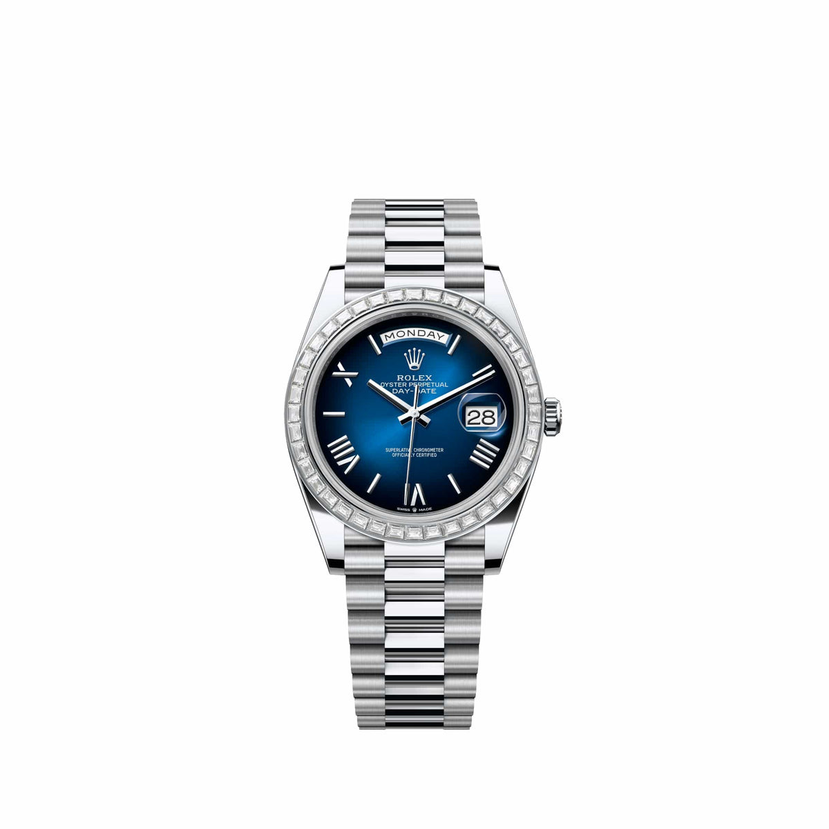 Rolex Day-Date 40 228396TBR Platinum Blue Ombre Roman Dial President Diamond Bezel (2026)
