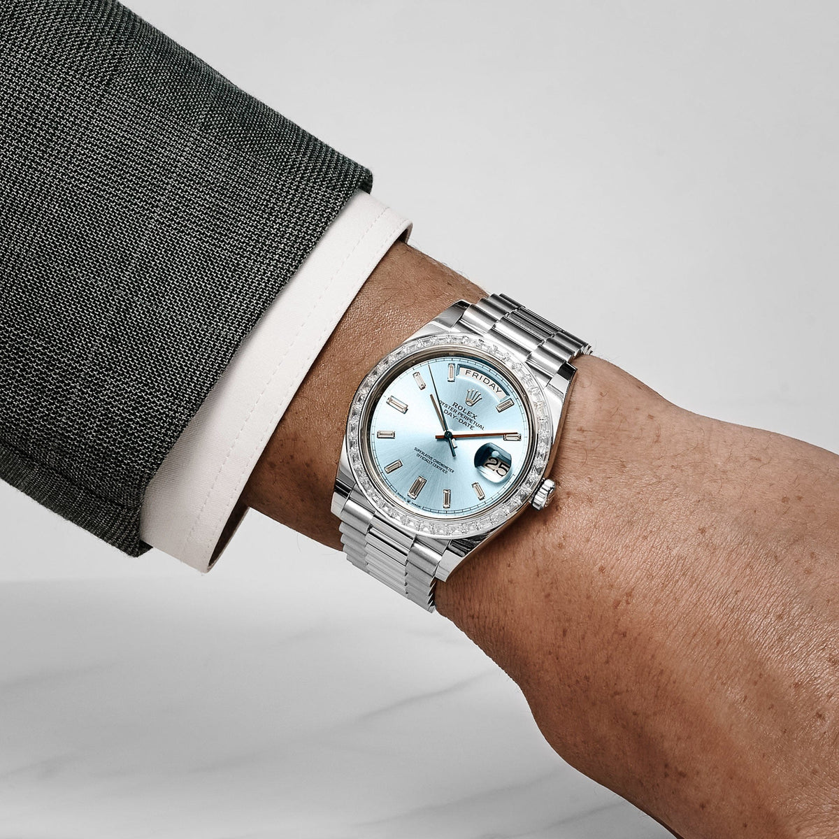 Rolex Day-Date 40 228396TBR Platinum Diamond Bezel Ice Blue Diamond Dial (2025)