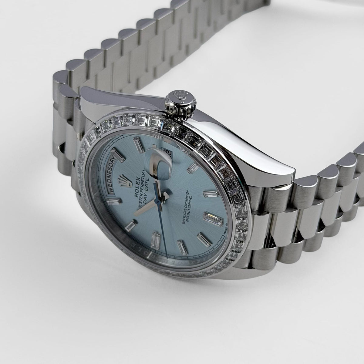 Rolex Day-Date 40 228396TBR Platinum Ice Blue Diamond Baguette Dial Diamond Baguette Bezel