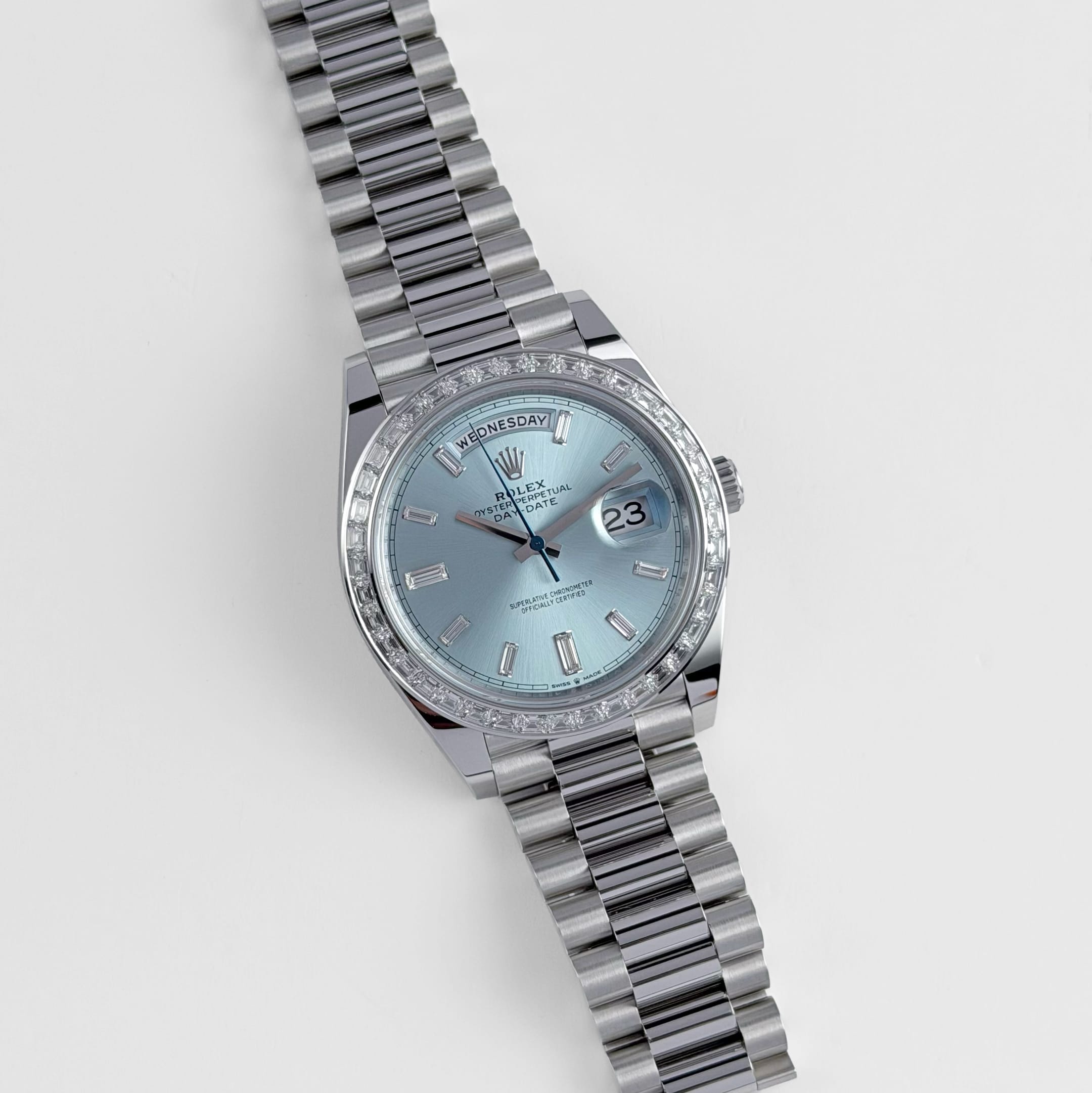 Rolex Day-Date 40 228396TBR Platinum Ice Blue Diamond Baguette Dial Diamond Baguette Bezel