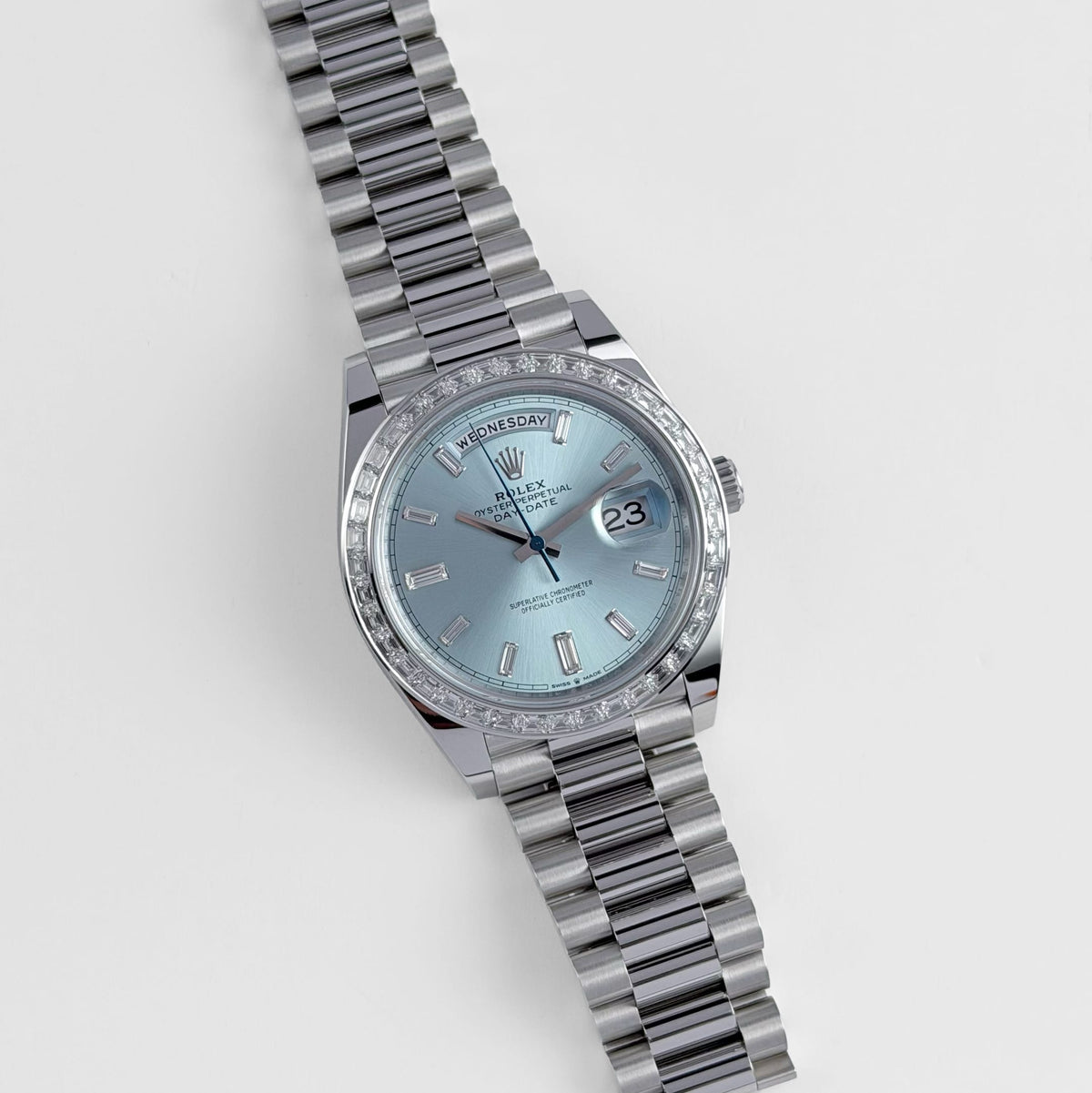 Rolex Day-Date 40 228396TBR Platinum Ice Blue Diamond Baguette Dial Diamond Baguette Bezel