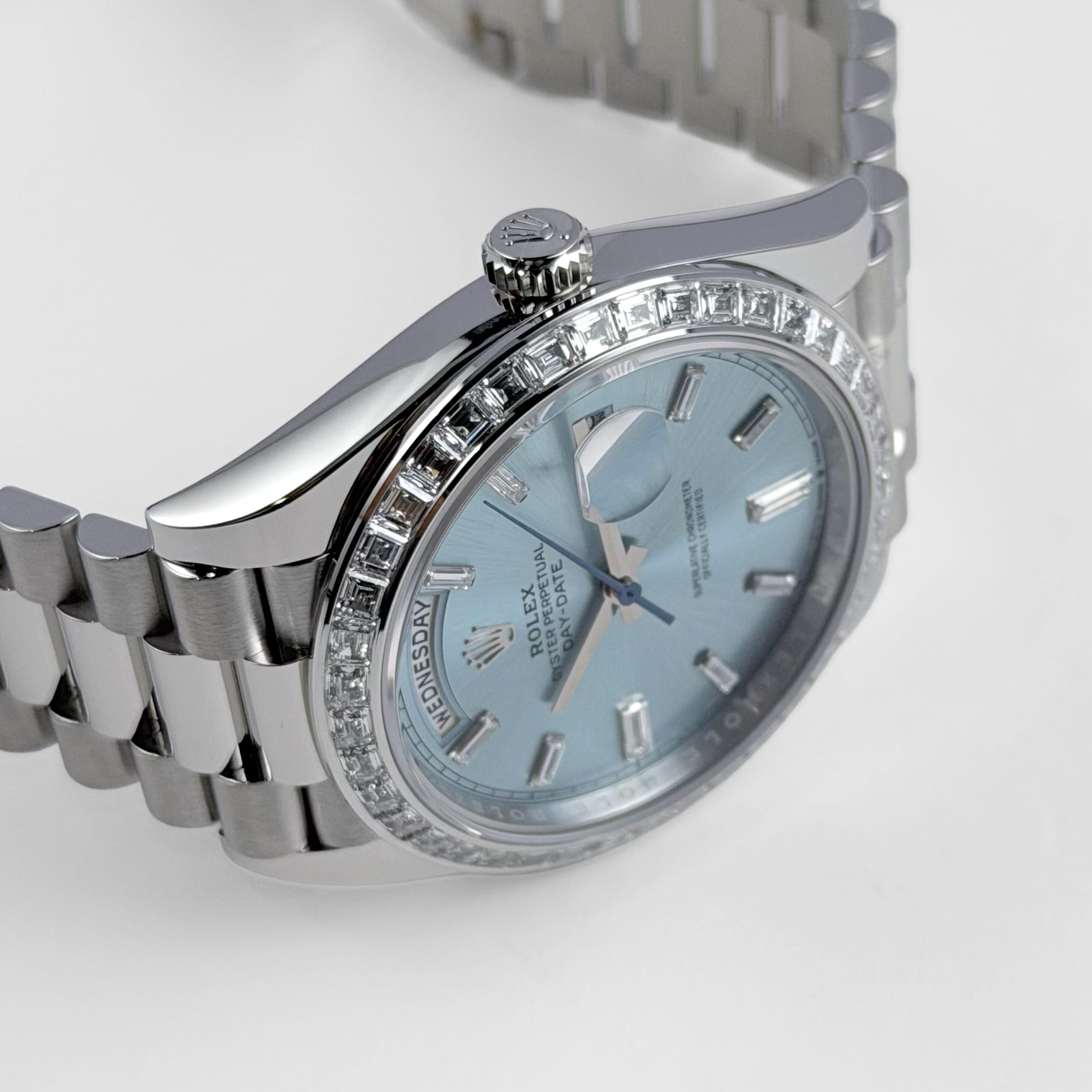 Rolex Day-Date 40 228396TBR Platinum Ice Blue Diamond Baguette Dial Diamond Baguette Bezel