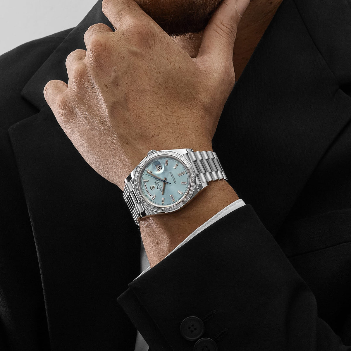 Rolex Day-Date 40 228396TBR Platinum Ice Blue Diamond Baguette Dial Diamond Baguette Bezel