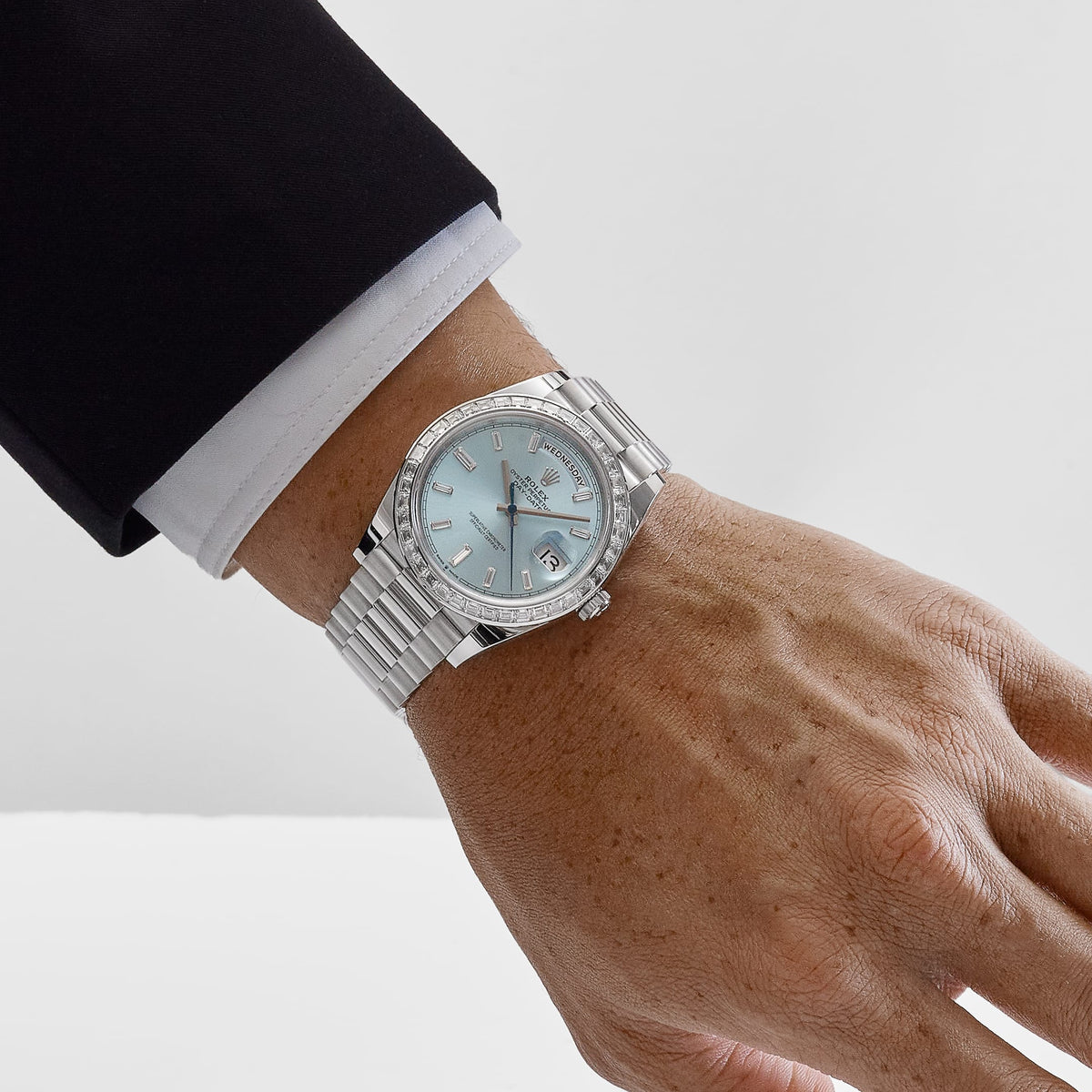Rolex Day-Date 40 228396TBR Platinum Ice Blue Diamond Baguette Dial Diamond Baguette Bezel