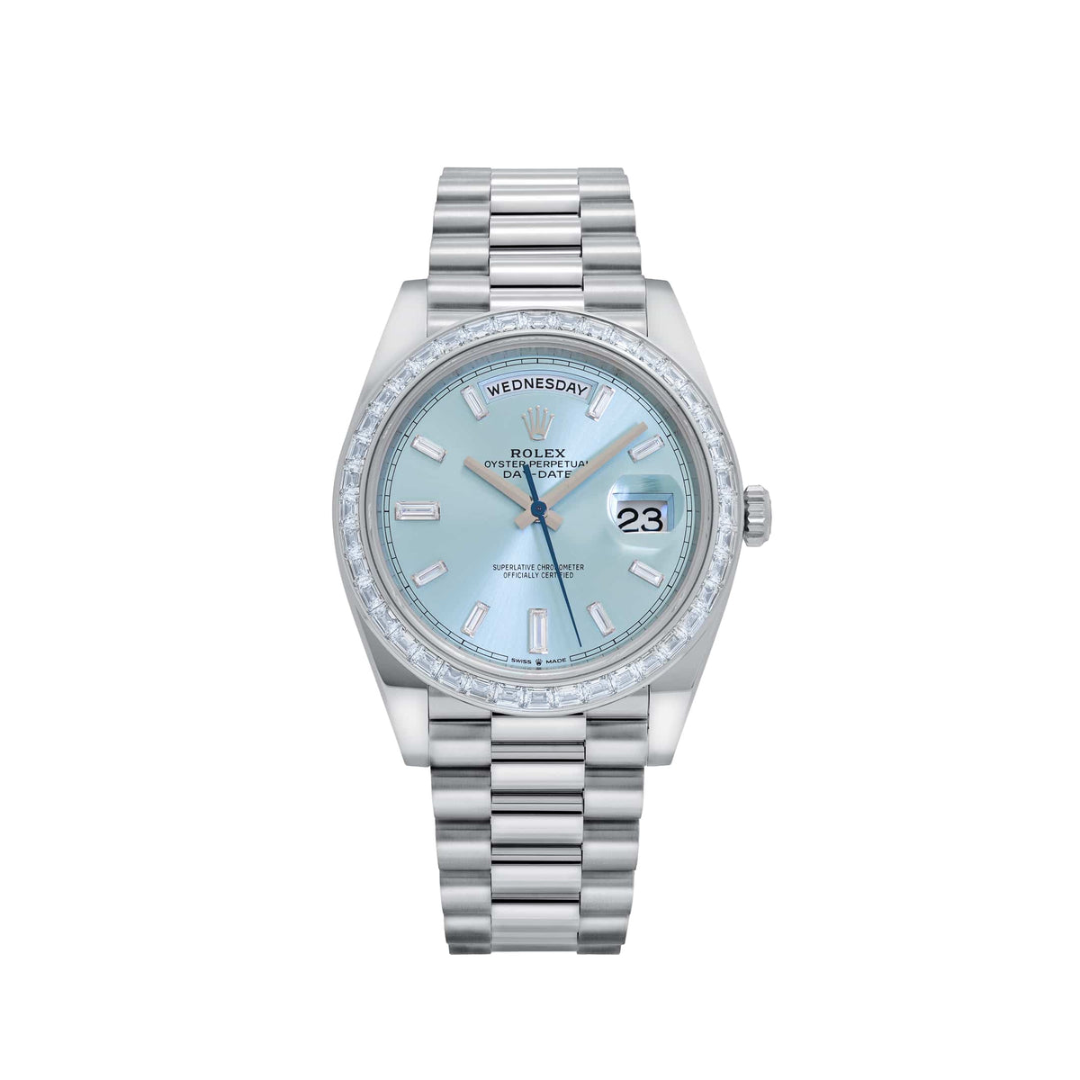 Rolex Day-Date 40 228396TBR Platinum Ice Blue Diamond Baguette Dial Diamond Baguette Bezel