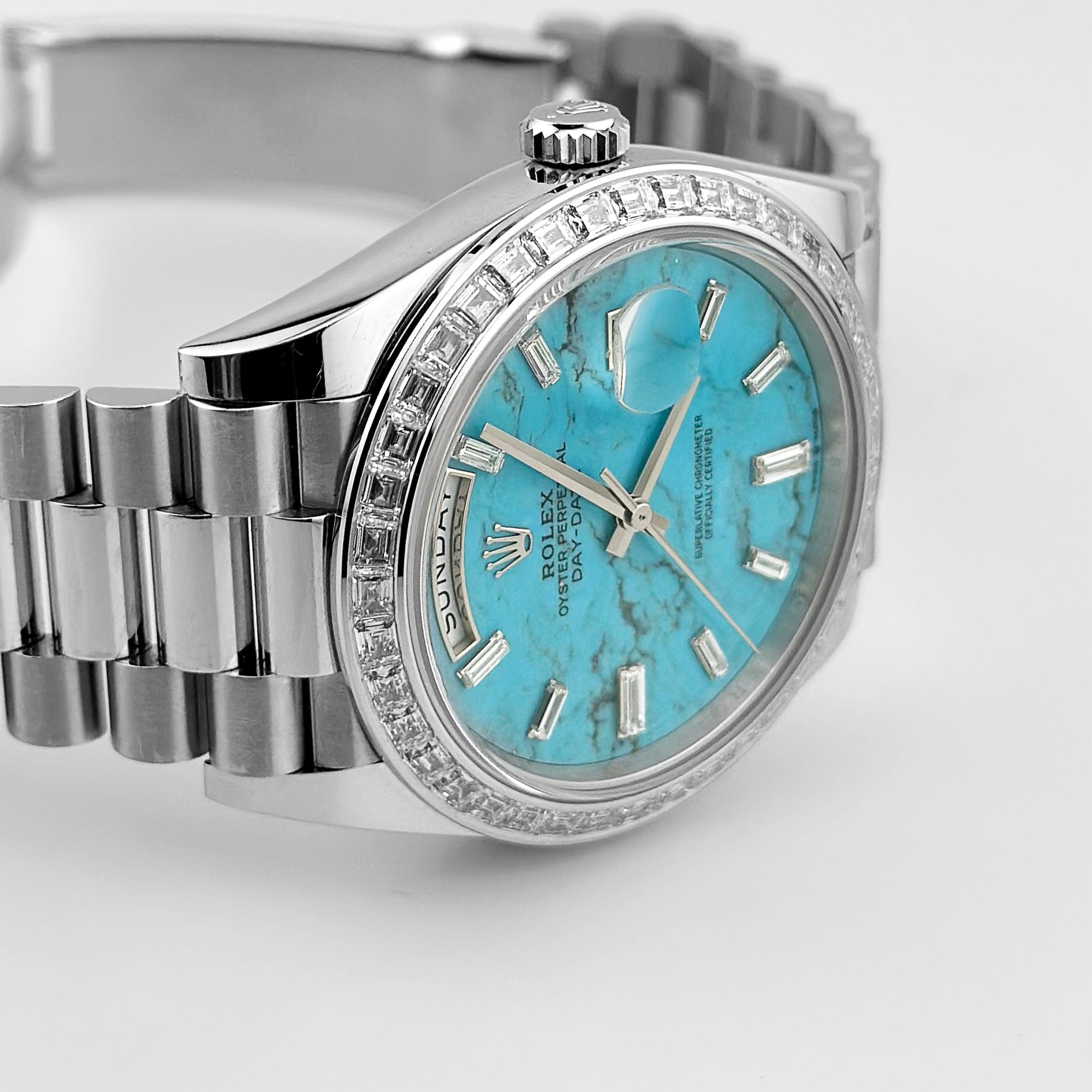 Rolex Day-Date 40 228396TBR Platinum Turquoise Stone Diamond Baguette Dial and Bezel (2025)