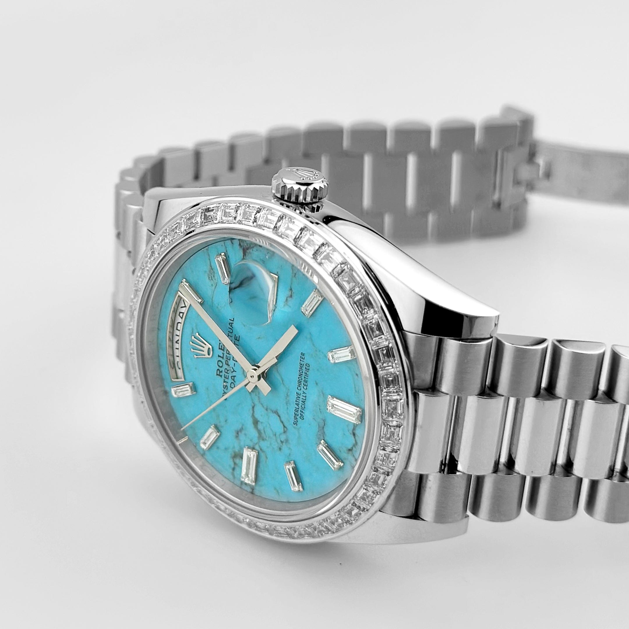 Rolex Day-Date 40 228396TBR Platinum Turquoise Stone Diamond Baguette Dial and Bezel (2025)