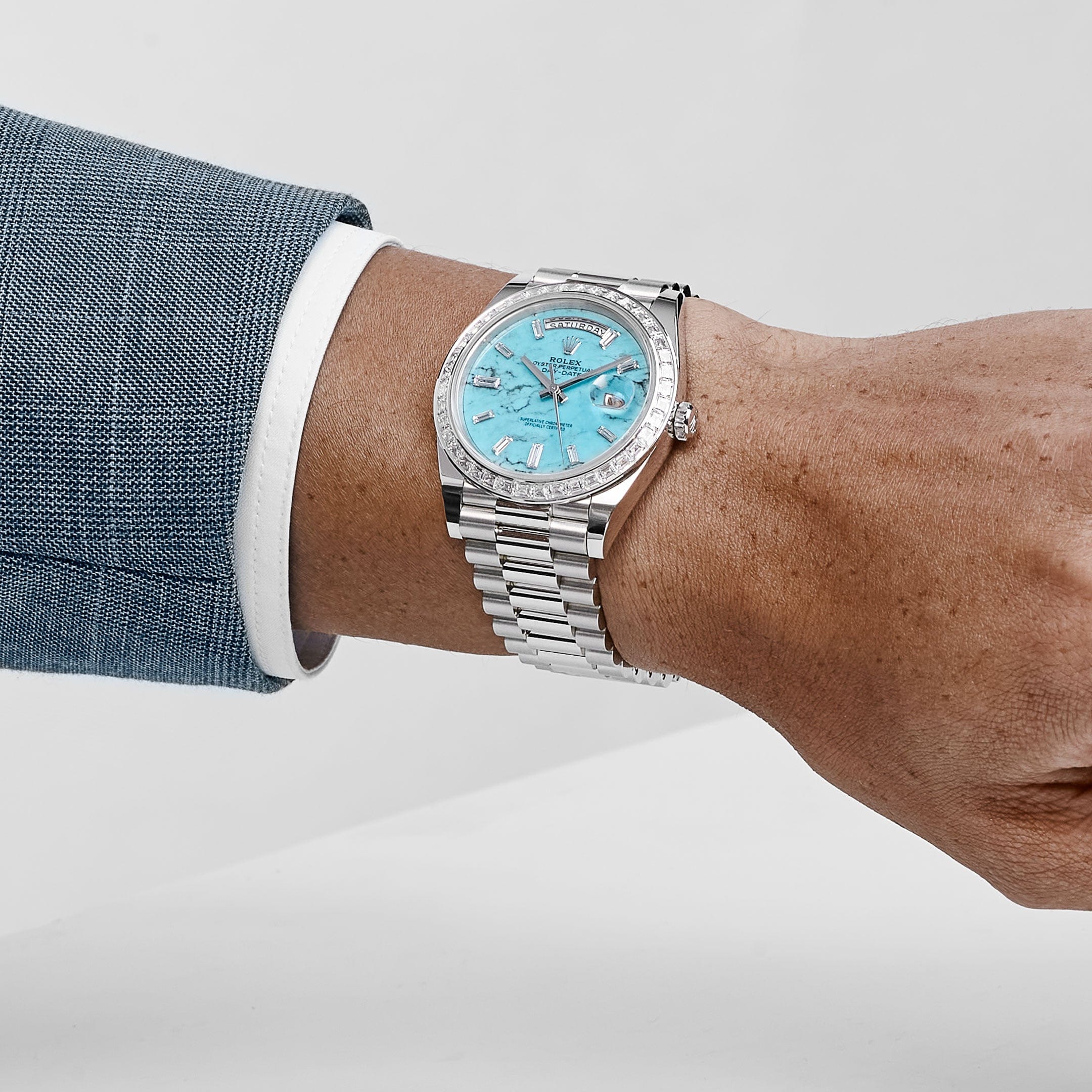 Rolex Day-Date 40 228396TBR Platinum Turquoise Stone Diamond Dial Diamond Bezel
