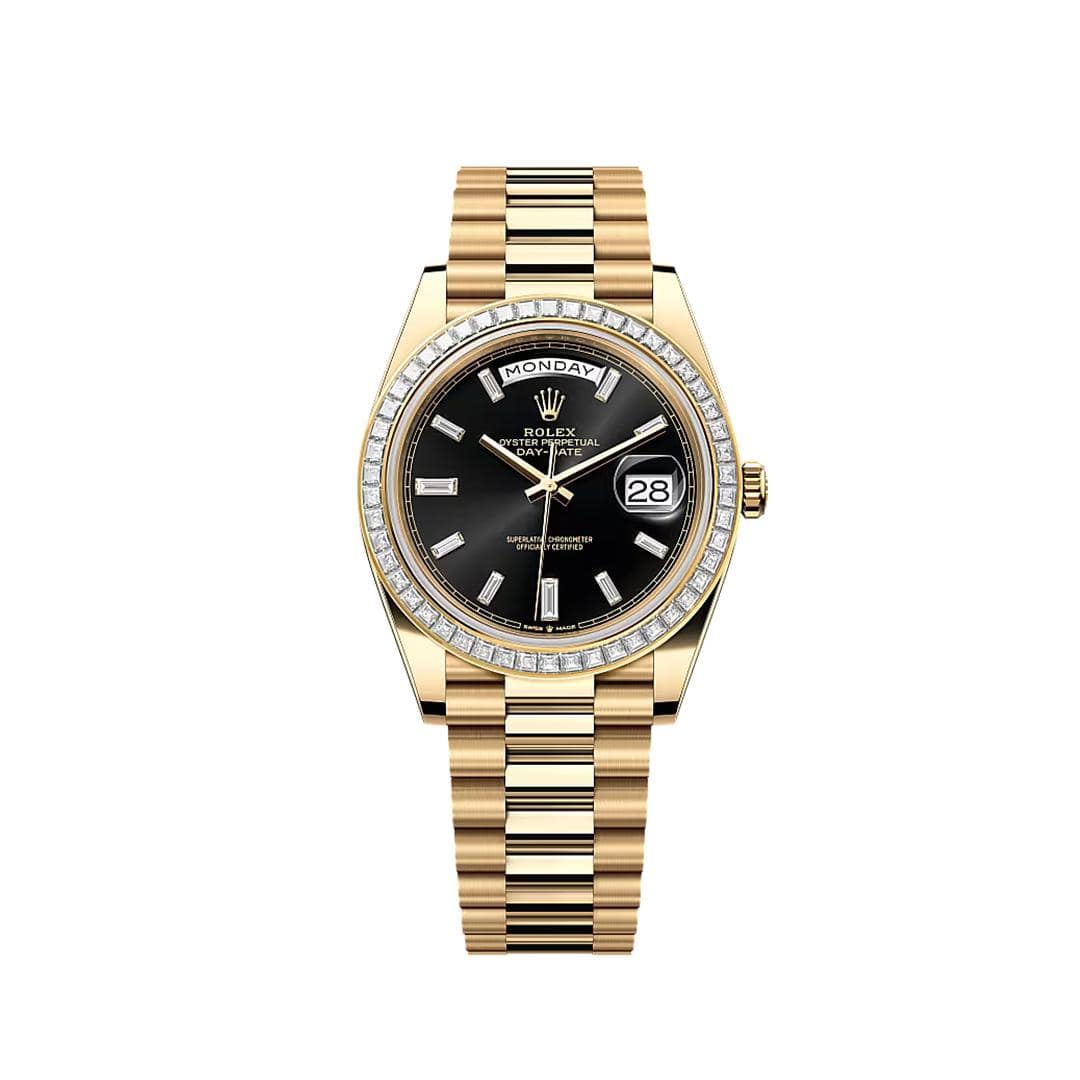 Rolex Day-Date 40 228398TBR Yellow Gold Black Diamond Baguette Dial Diamond Baguette Bezel (2019)