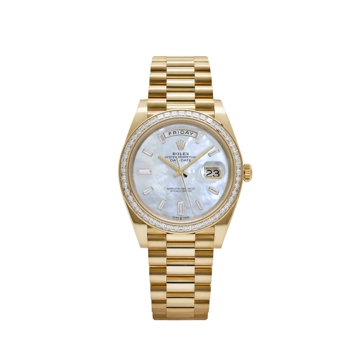 Rolex Day-Date 40 228398TBR Yellow Gold Mother of Pearl Diamond Baguette Dial and Bezel (2025)