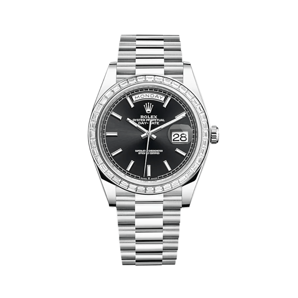 Luxury Watch Rolex Day-Date 40 Platinum Diamond Bezel Black Dial 228396TBR Wrist Aficionado
