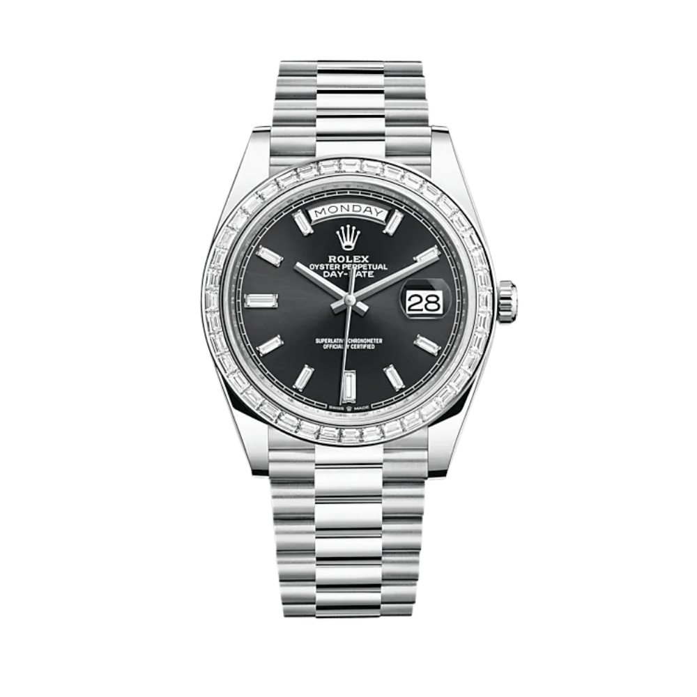Luxury Watch Rolex Day-Date 40 Platinum Diamond Bezel Black Diamond Dial 228396TBR Wrist Aficionado