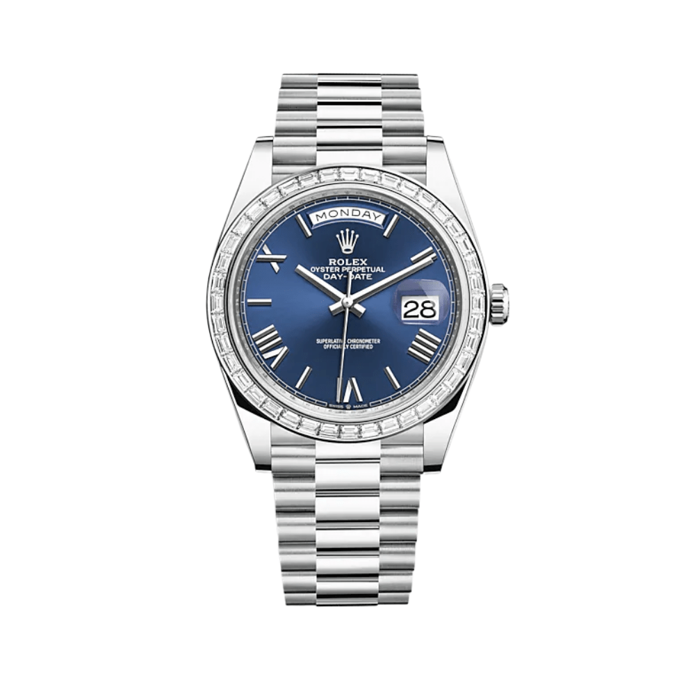 Luxury Watch Rolex Day-Date 40 Platinum Diamond Bezel Blue Dial 228396TBR Wrist Aficionado