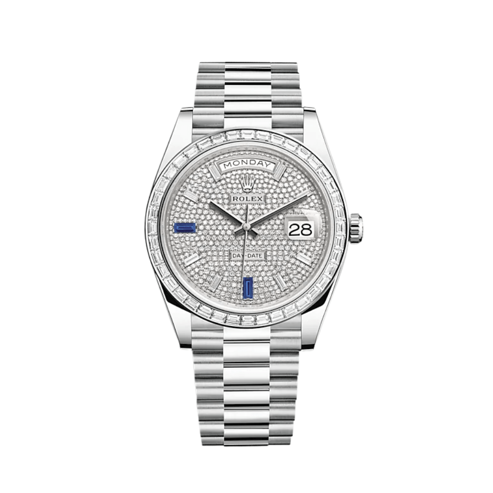 Rolex Day-Date 40 228396TBR Platinum Diamond Bezel Diamond-Paved Sapphire Dial (2024)