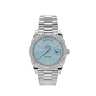 Luxury Watch Rolex Day-Date 40 Platinum Diamond Bezel Ice Blue Diamond Dial 228396TBR Wrist Aficionado