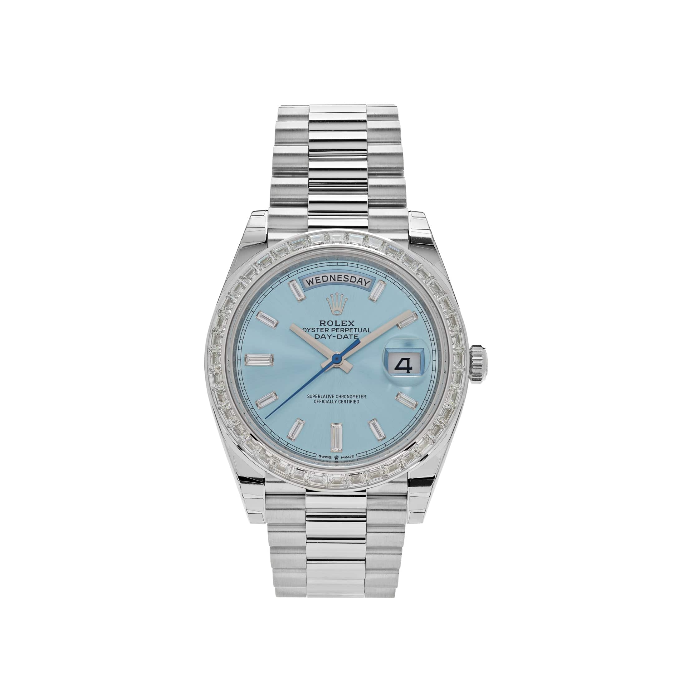 Luxury Watch Rolex Day-Date 40 Platinum Diamond Bezel Ice Blue Diamond Dial 228396TBR Wrist Aficionado