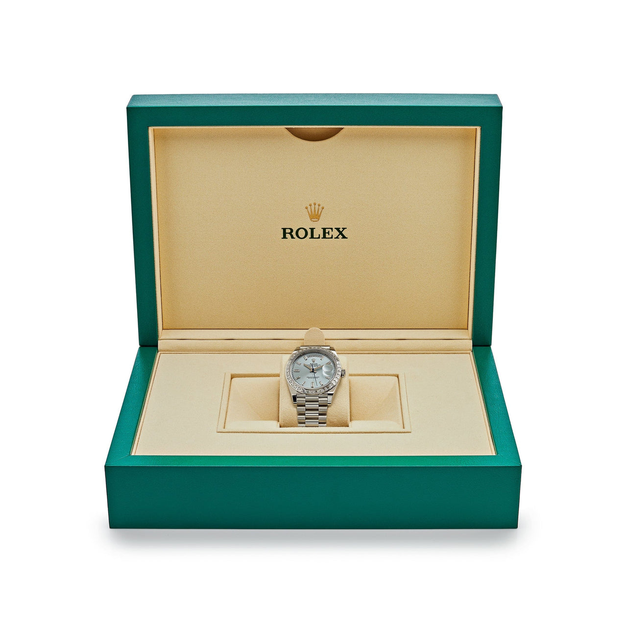 Luxury Watch Rolex Day-Date 40 Platinum Diamond Bezel Ice Blue Diamond Dial 228396TBR Wrist Aficionado