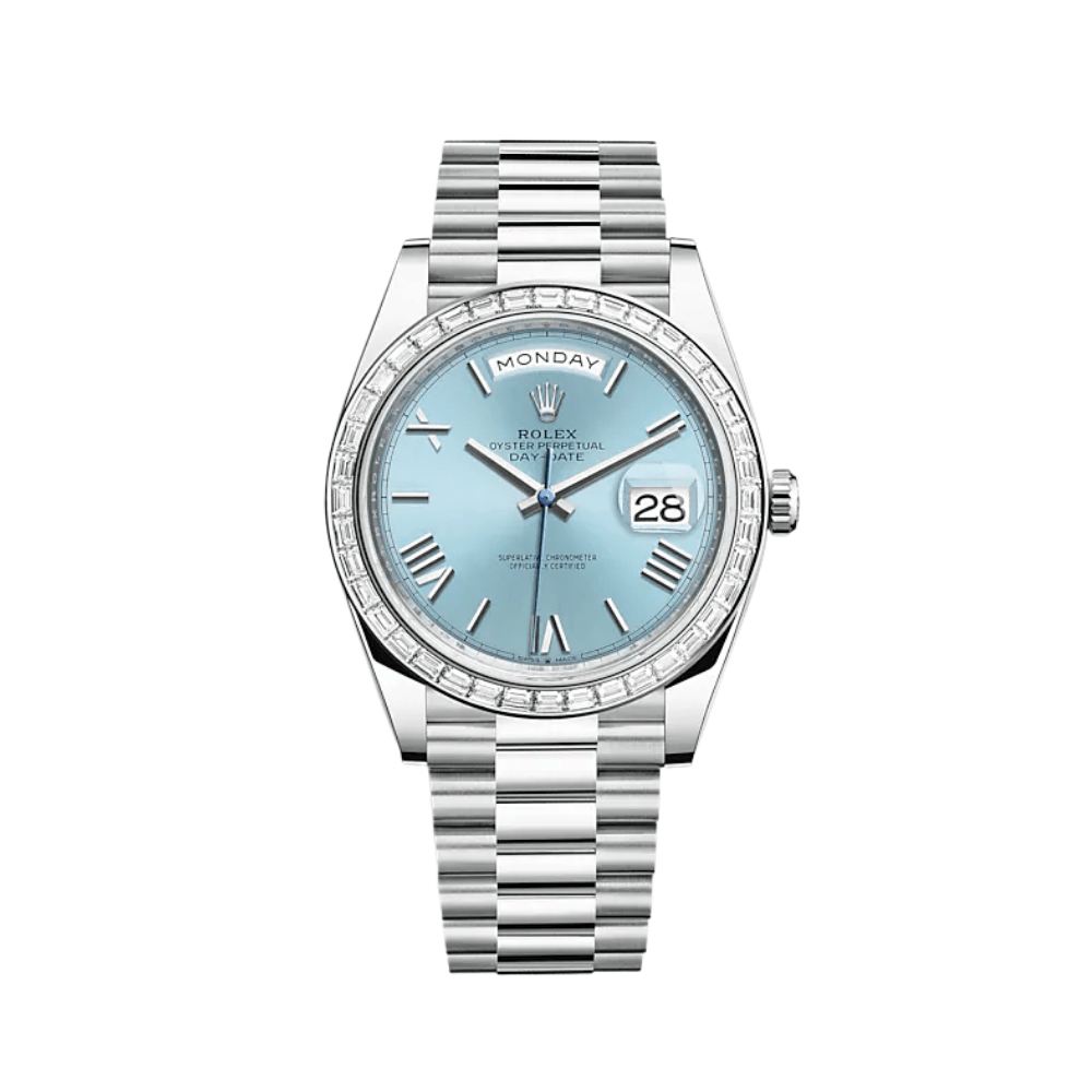 Luxury Watch Rolex Day-Date 40 Platinum Diamond Bezel Ice Blue Roman Dial 228396TBR Wrist Aficionado