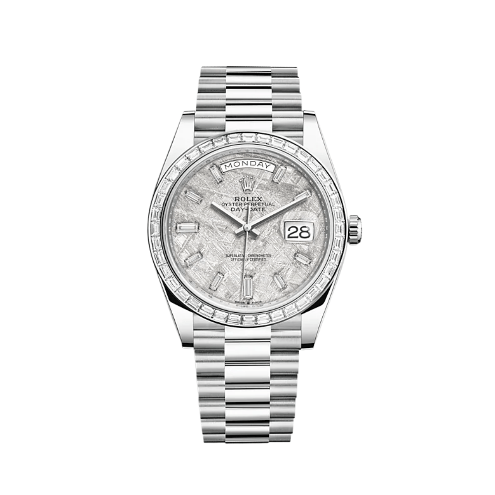 Luxury Watch Rolex Day-Date 40 Platinum Diamond Bezel Meteorite Diamond Dial 228396TBR Wrist Aficionado