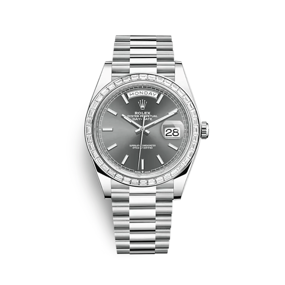 Luxury Watch Rolex Day-Date 40 Platinum Diamond Bezel Slate Dial 228396TBR Wrist Aficionado